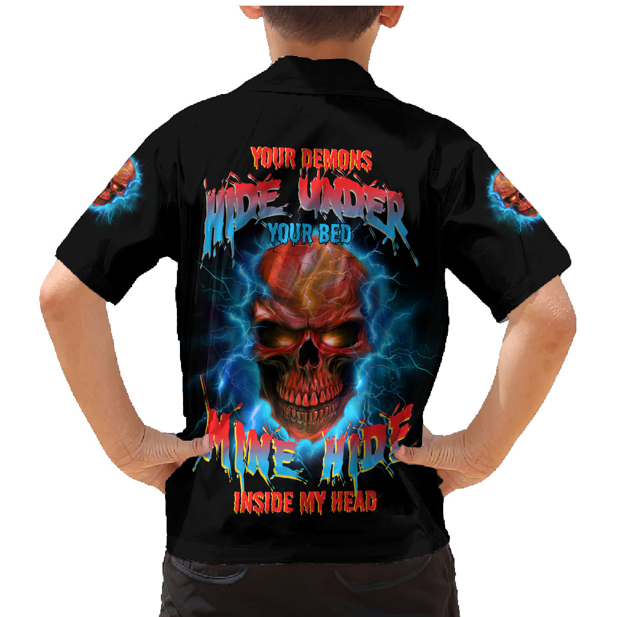 Your Demons Hide Under Your Bed Thunder Skull Family Matching Mermaid Dress and Hawaiian Shirt - Wonder Print Shop