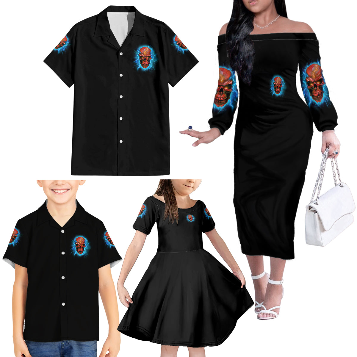 Your Demons Hide Under Your Bed Thunder Skull Family Matching Off Shoulder Long Sleeve Dress and Hawaiian Shirt - Wonder Print Shop
