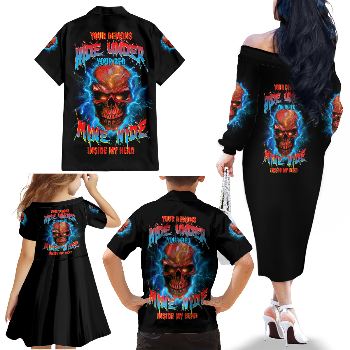 Your Demons Hide Under Your Bed Thunder Skull Family Matching Off Shoulder Long Sleeve Dress and Hawaiian Shirt - Wonder Print Shop