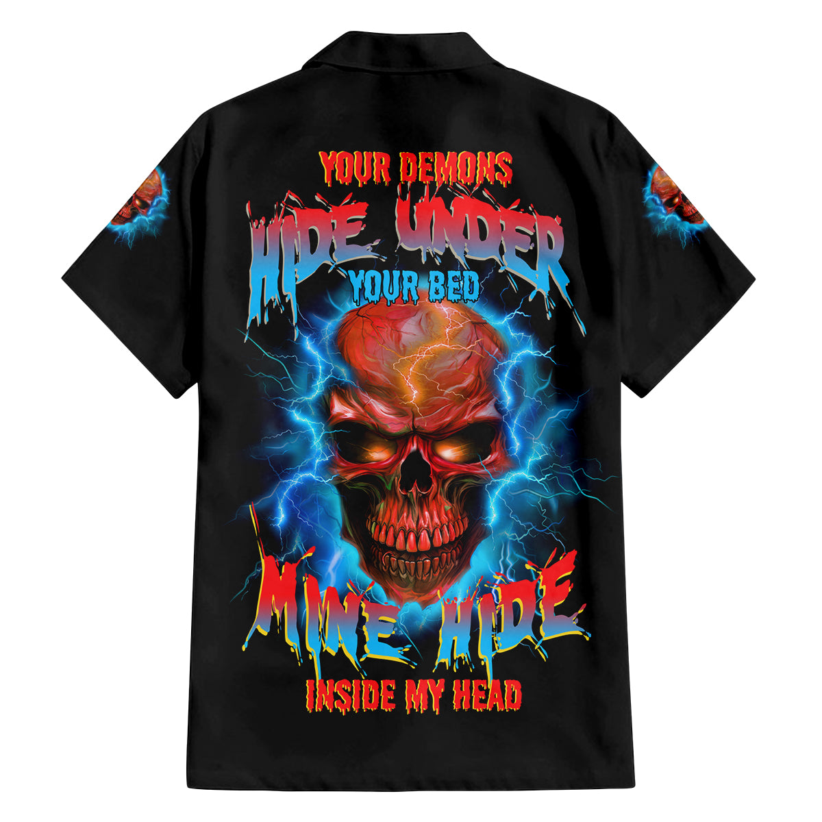Your Demons Hide Under Your Bed Thunder Skull Family Matching Off Shoulder Long Sleeve Dress and Hawaiian Shirt - Wonder Print Shop