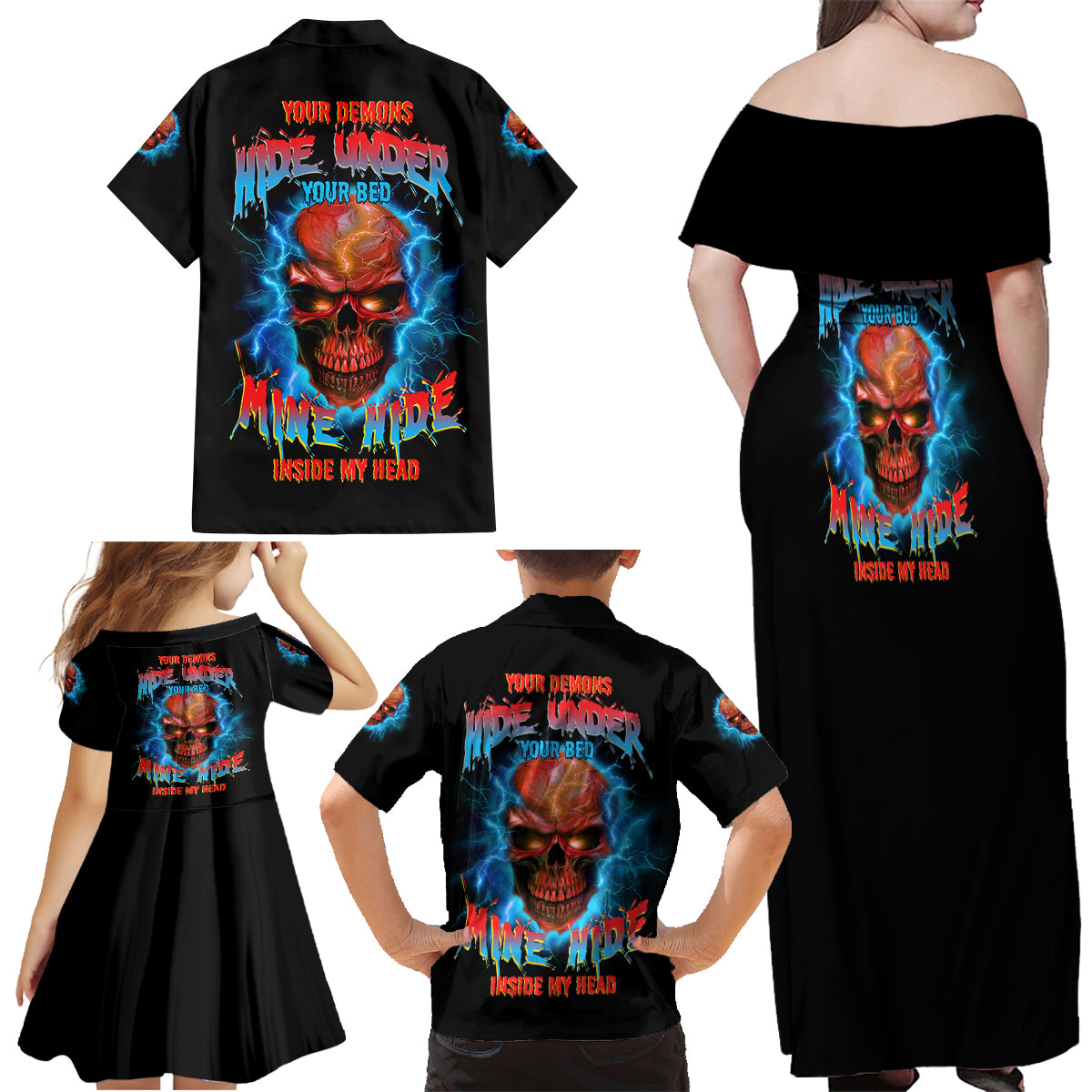 Your Demons Hide Under Your Bed Thunder Skull Family Matching Off Shoulder Maxi Dress and Hawaiian Shirt - Wonder Print Shop