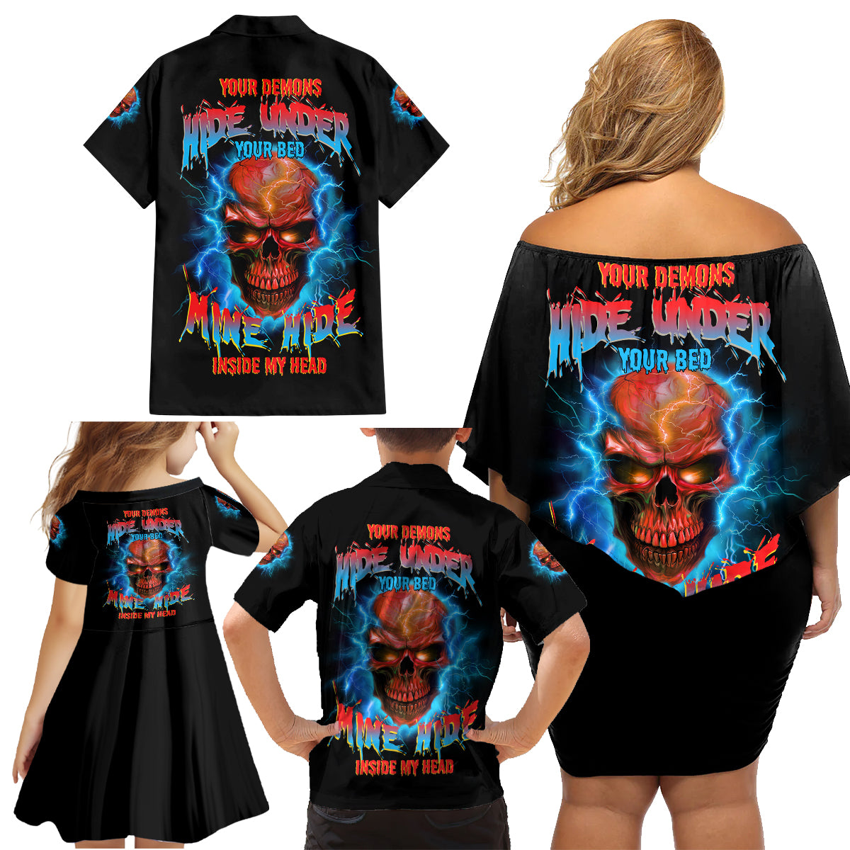Your Demons Hide Under Your Bed Thunder Skull Family Matching Off Shoulder Short Dress and Hawaiian Shirt - Wonder Print Shop