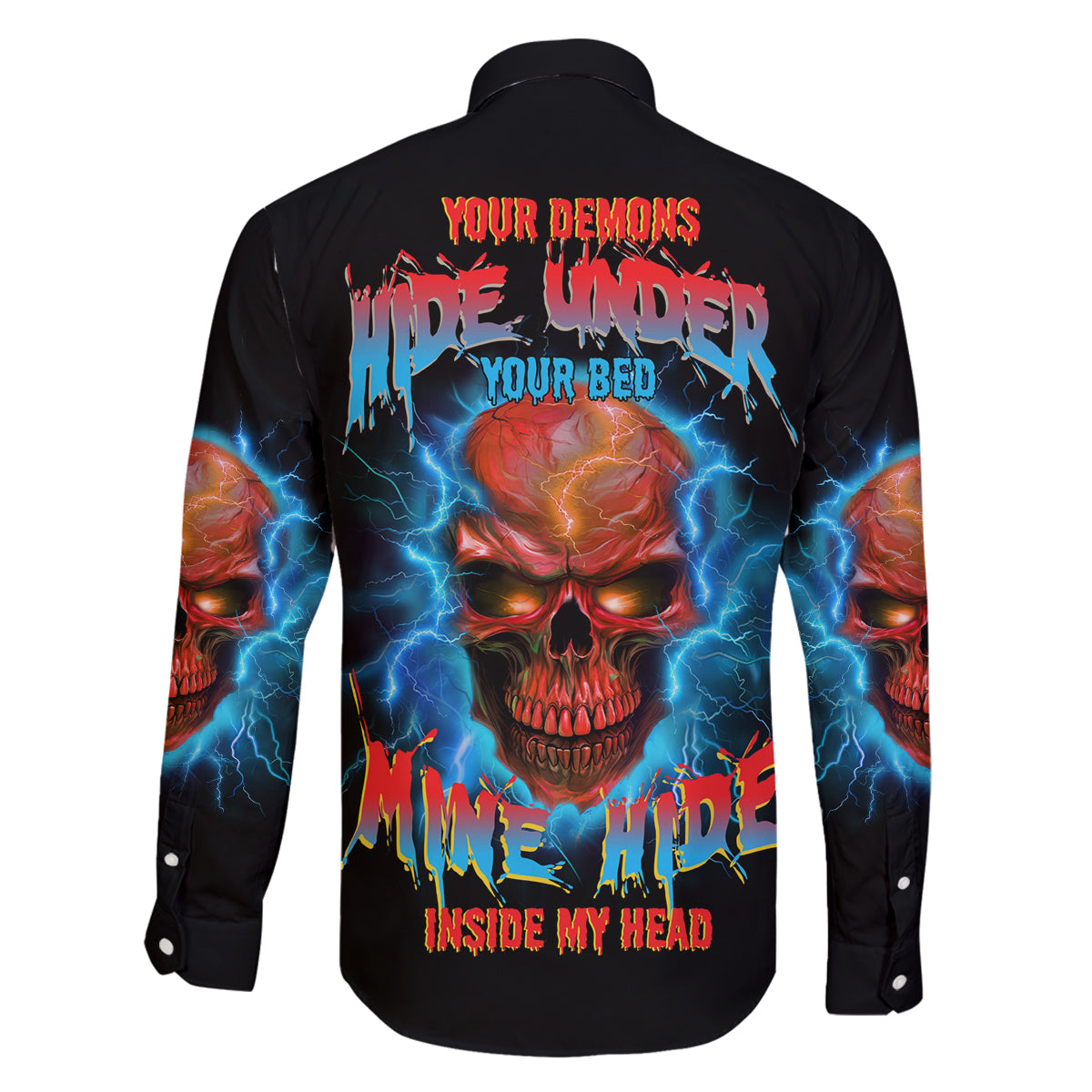 Your Demons Hide Under Your Bed Thunder Skull Family Matching Off Shoulder Short Dress and Hawaiian Shirt - Wonder Print Shop