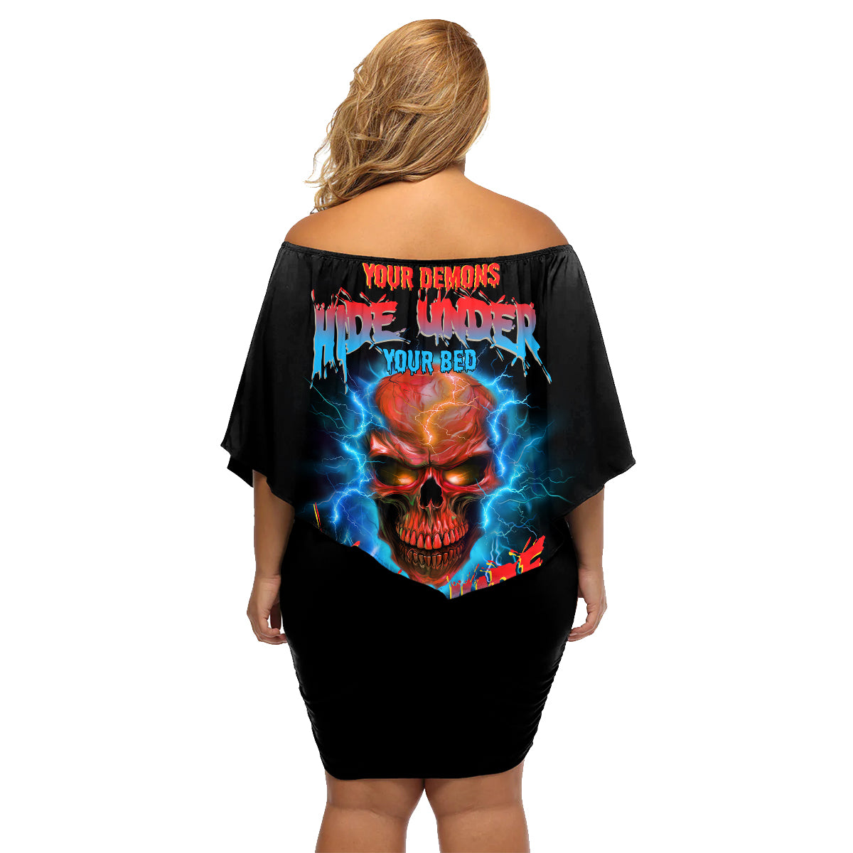 Your Demons Hide Under Your Bed Thunder Skull Family Matching Off Shoulder Short Dress and Hawaiian Shirt - Wonder Print Shop