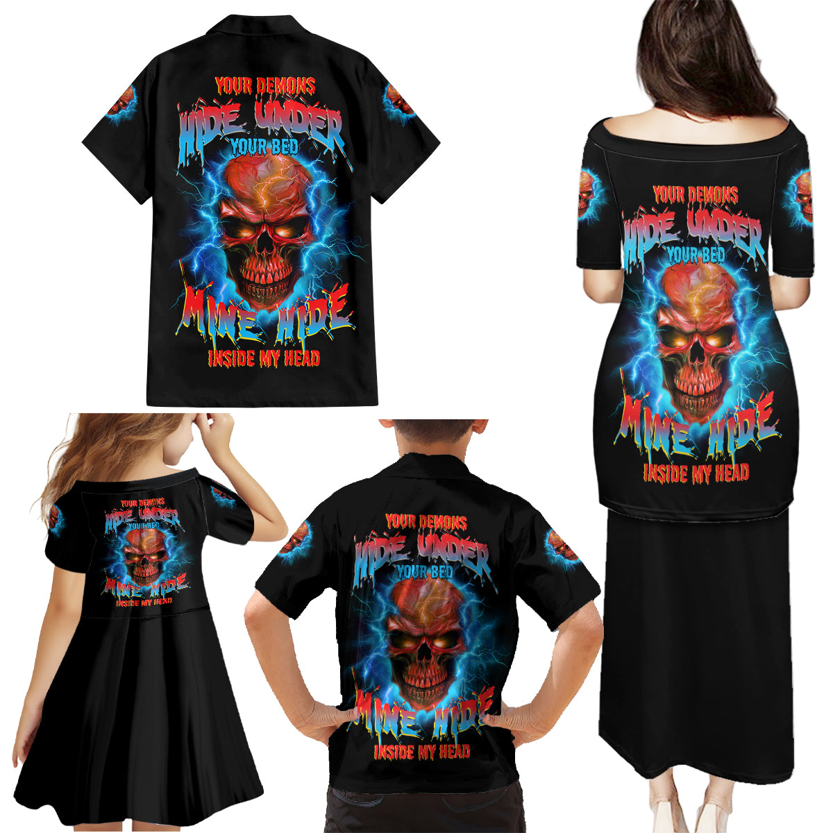 Your Demons Hide Under Your Bed Thunder Skull Family Matching Puletasi Dress and Hawaiian Shirt - Wonder Print Shop