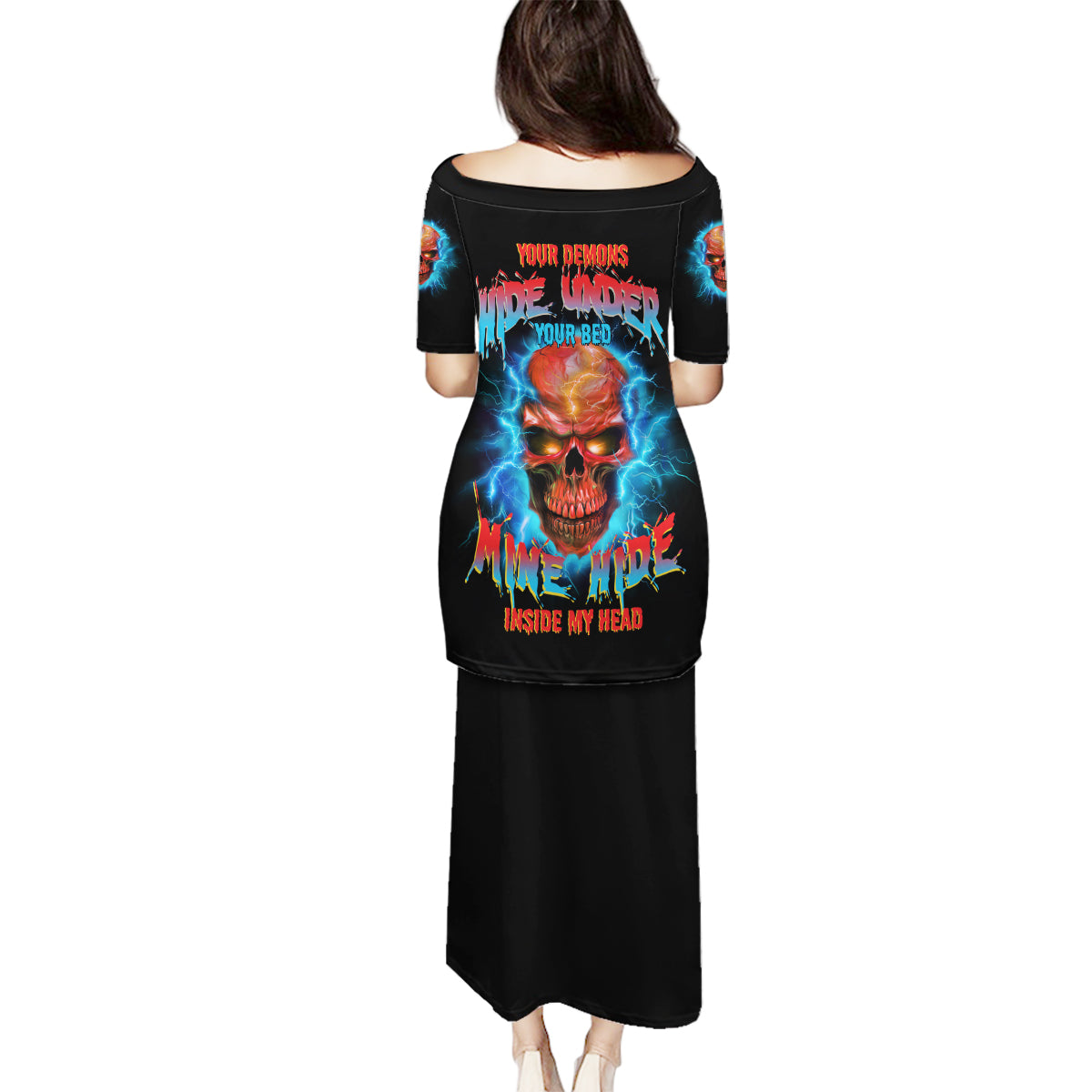 Your Demons Hide Under Your Bed Thunder Skull Family Matching Puletasi Dress and Hawaiian Shirt - Wonder Print Shop