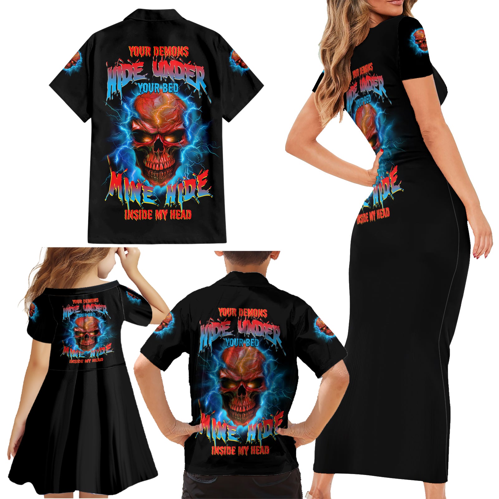 Your Demons Hide Under Your Bed Thunder Skull Family Matching Short Sleeve Bodycon Dress and Hawaiian Shirt - Wonder Print Shop