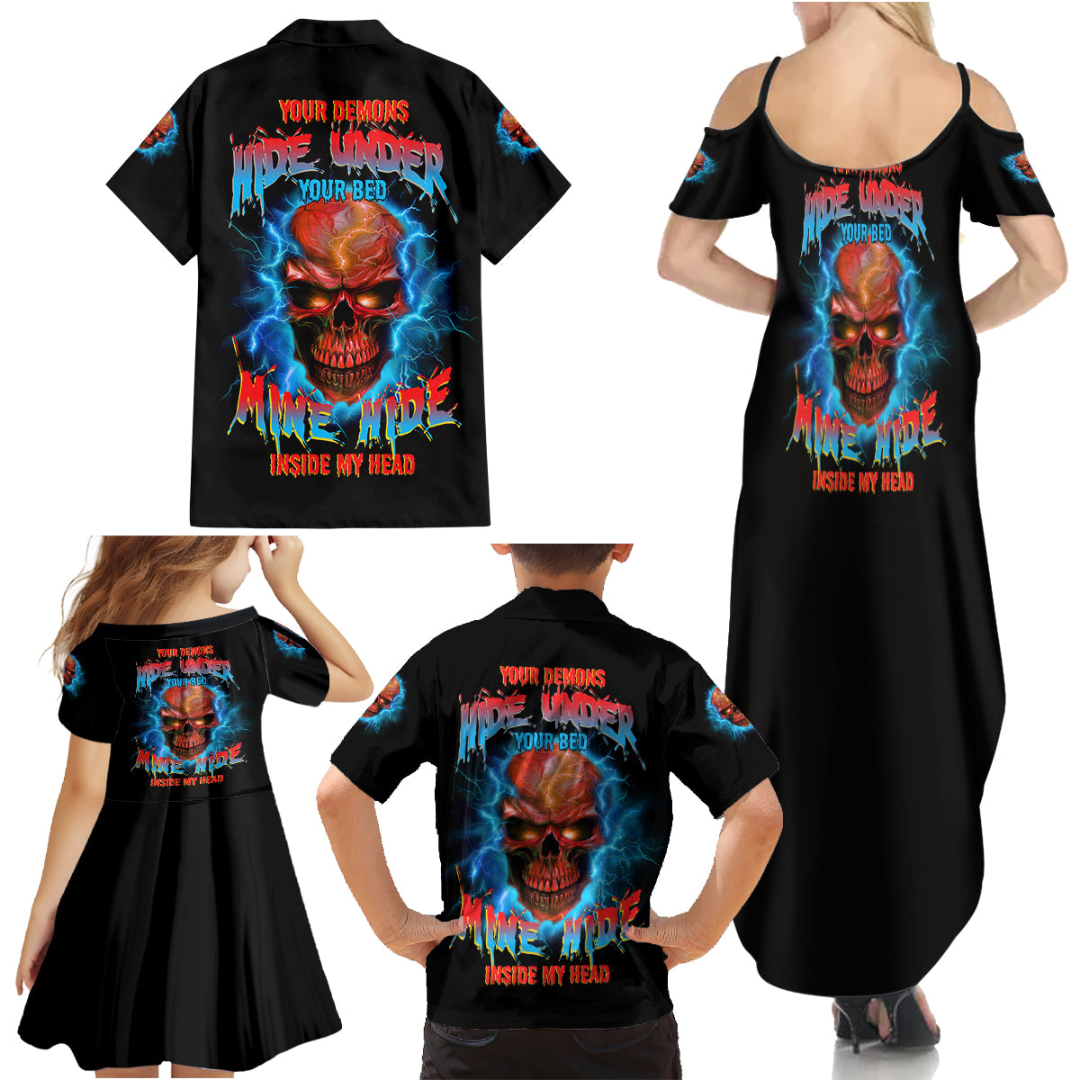 Your Demons Hide Under Your Bed Thunder Skull Family Matching Summer Maxi Dress and Hawaiian Shirt - Wonder Print Shop