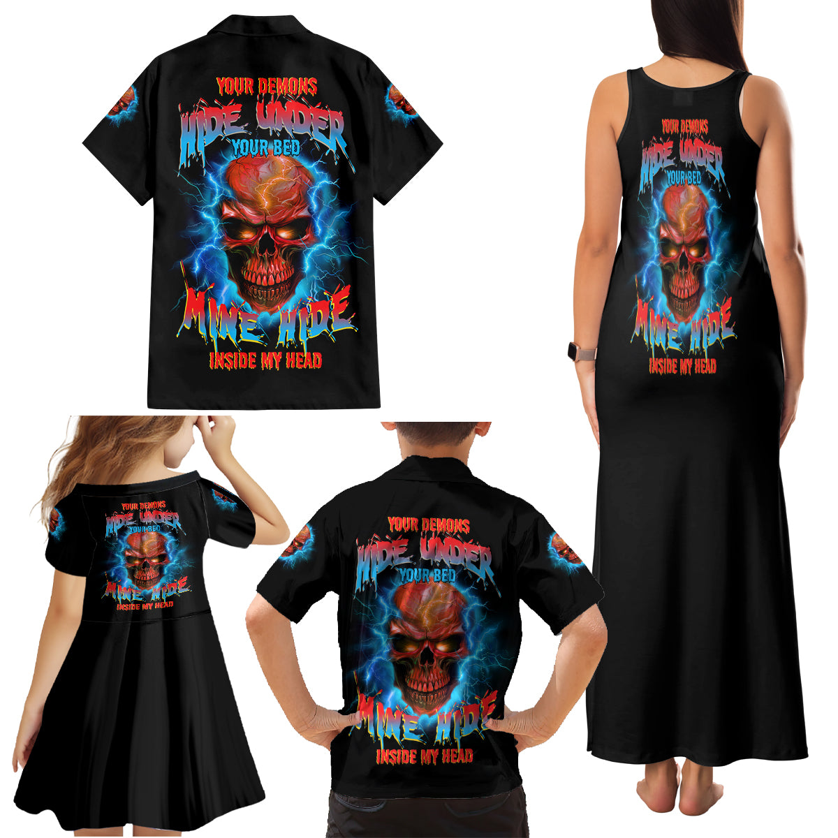 Your Demons Hide Under Your Bed Thunder Skull Family Matching Tank Maxi Dress and Hawaiian Shirt - Wonder Print Shop