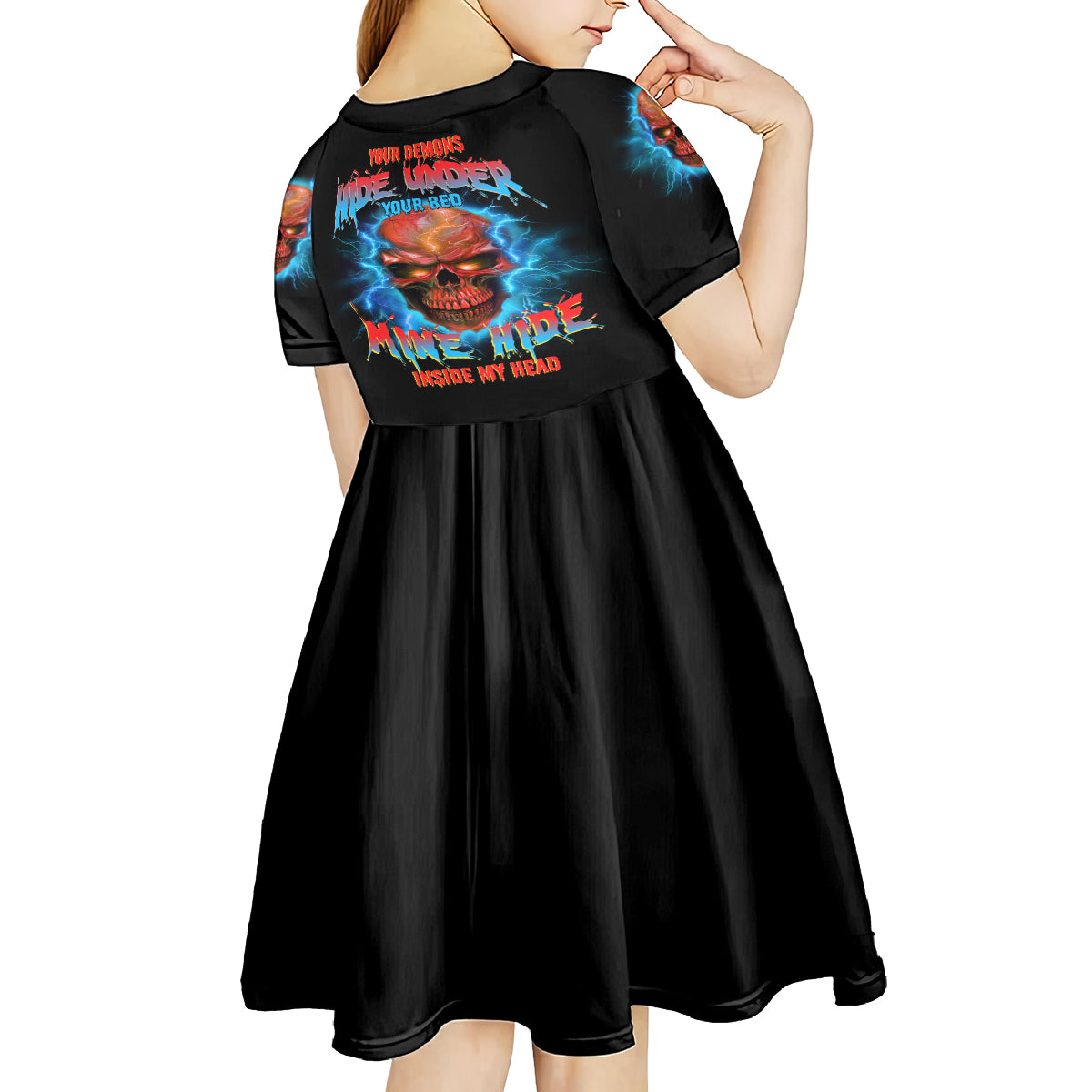 Your Demons Hide Under Your Bed Thunder Skull Kid Short Sleeve Dress - Wonder Print Shop