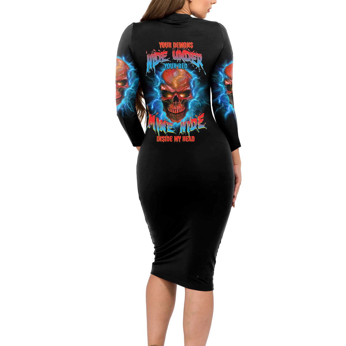 Your Demons Hide Under Your Bed Thunder Skull Long Sleeve Bodycon Dress - Wonder Print Shop