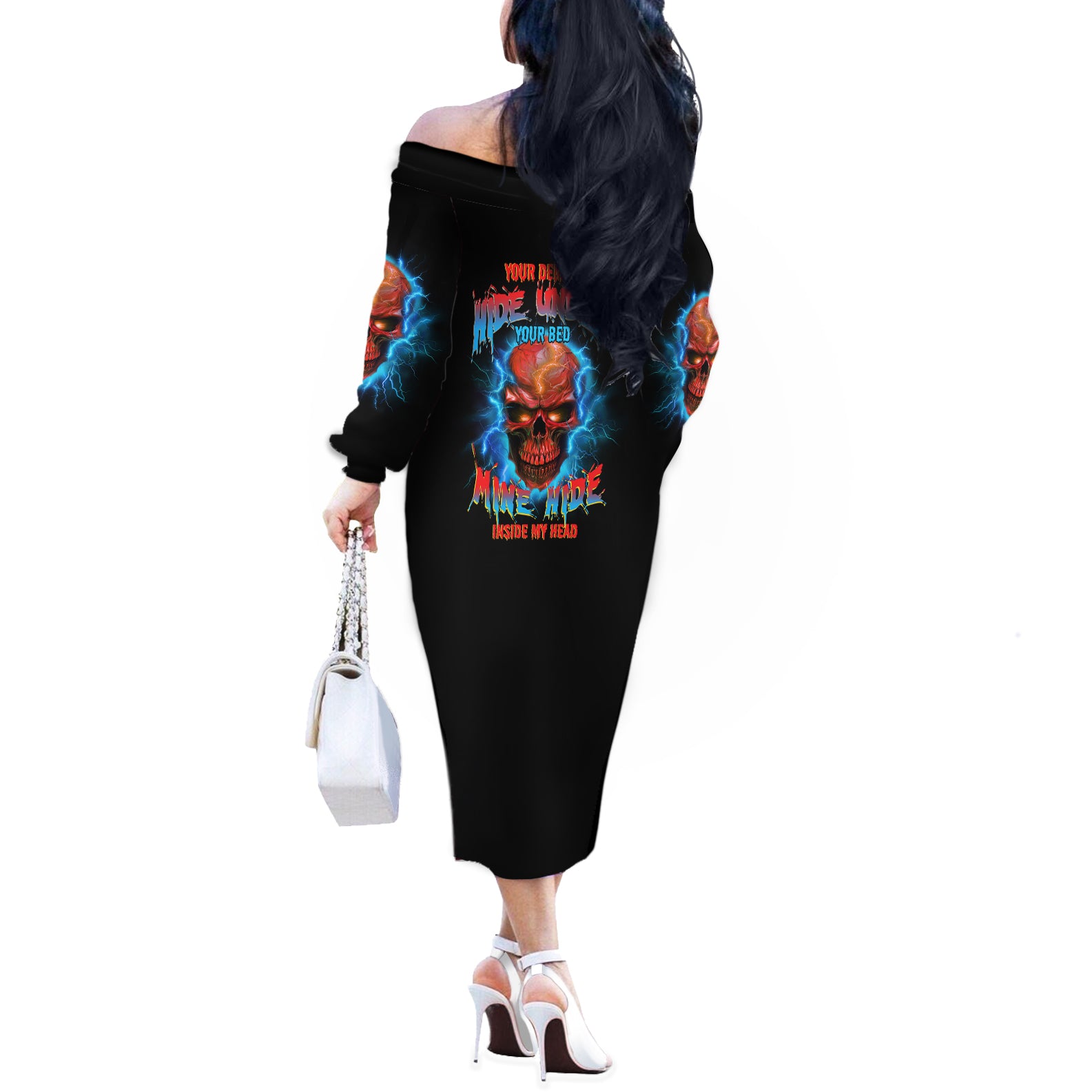 Your Demons Hide Under Your Bed Thunder Skull Off The Shoulder Long Sleeve Dress - Wonder Print Shop
