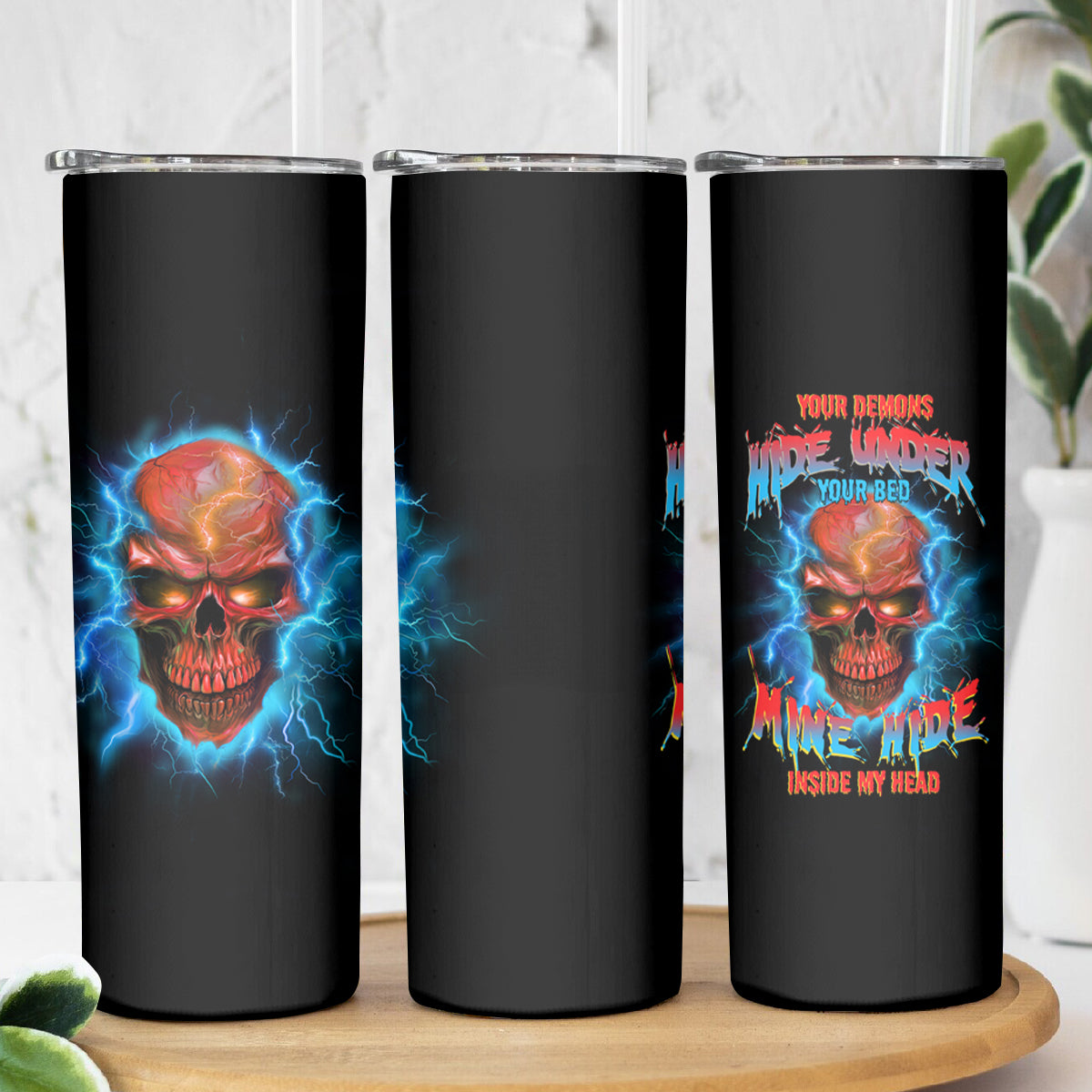 Your Demons Hide Under Your Bed Thunder Skull Skinny Tumbler - Wonder Print Shop