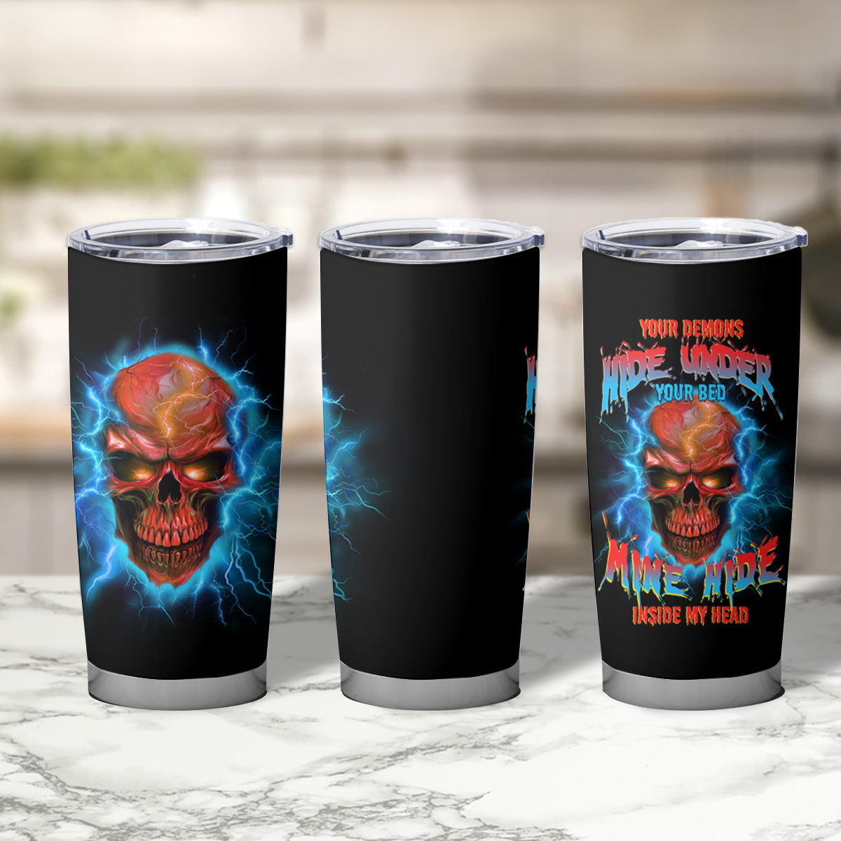 Your Demons Hide Under Your Bed Thunder Skull Tumbler Cup - Wonder Print Shop