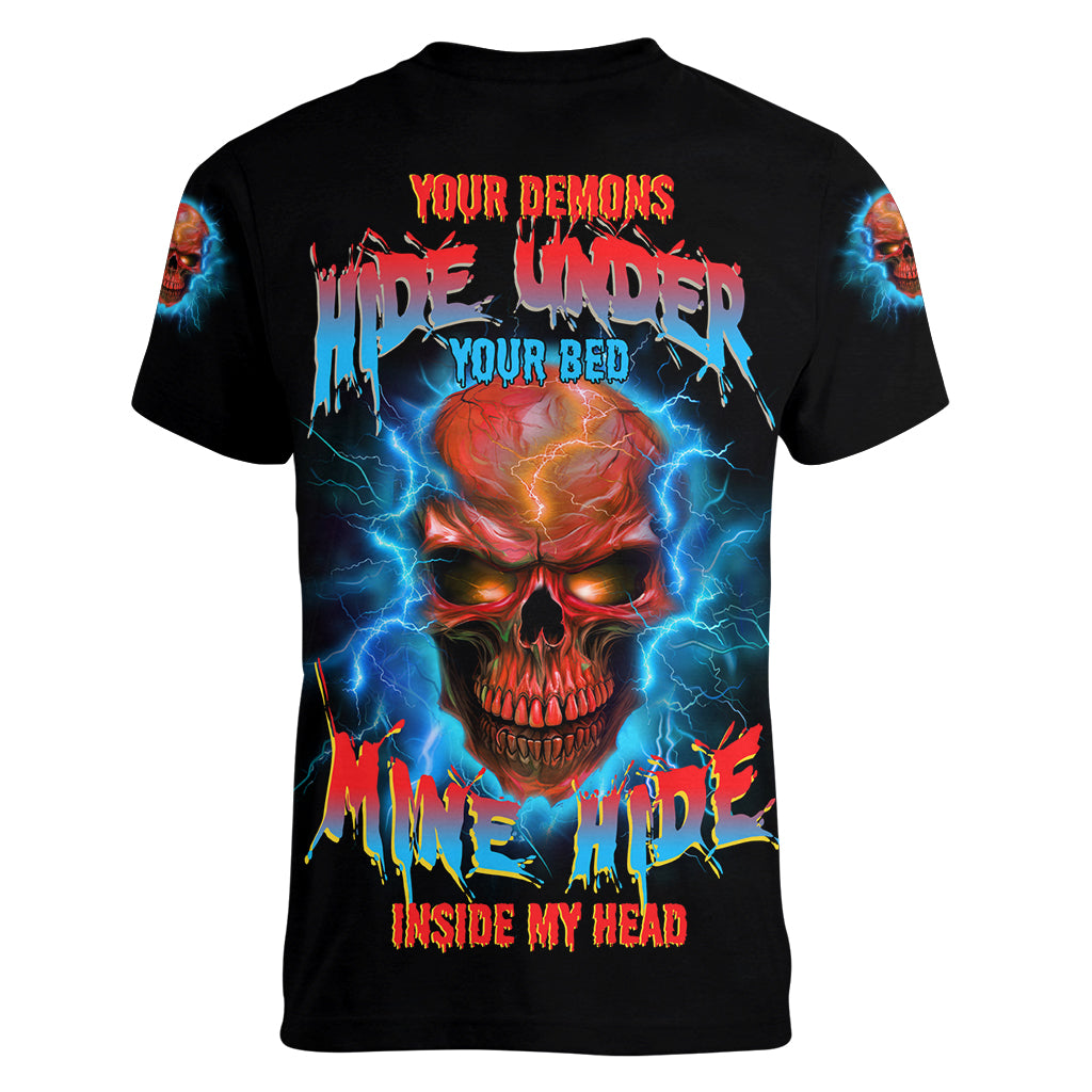 Your Demons Hide Under Your Bed Thunder Skull Women V Neck T Shirt - Wonder Print Shop