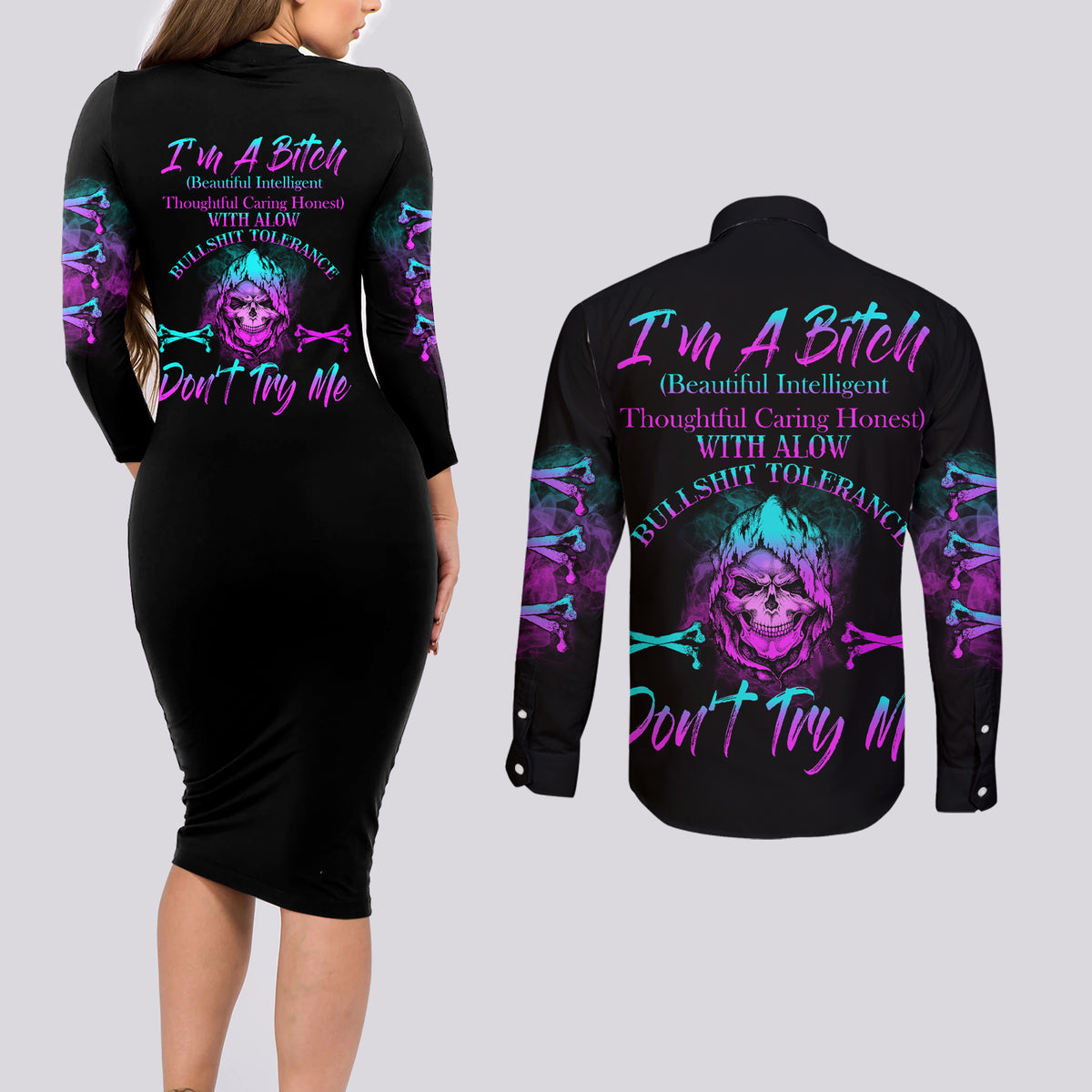 I'm A B Don't Try Me All Couples Matching Long Sleeve Bodycon Dress and Long Sleeve Button Shirt - Wonder Print Shop