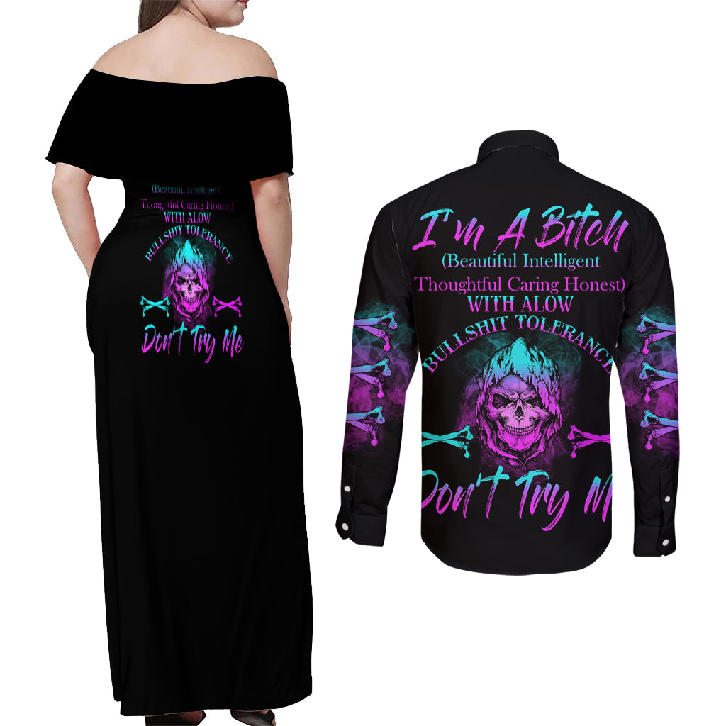 I'm A B Don't Try Me All Couples Matching Off Shoulder Maxi Dress and Long Sleeve Button Shirt - Wonder Print Shop
