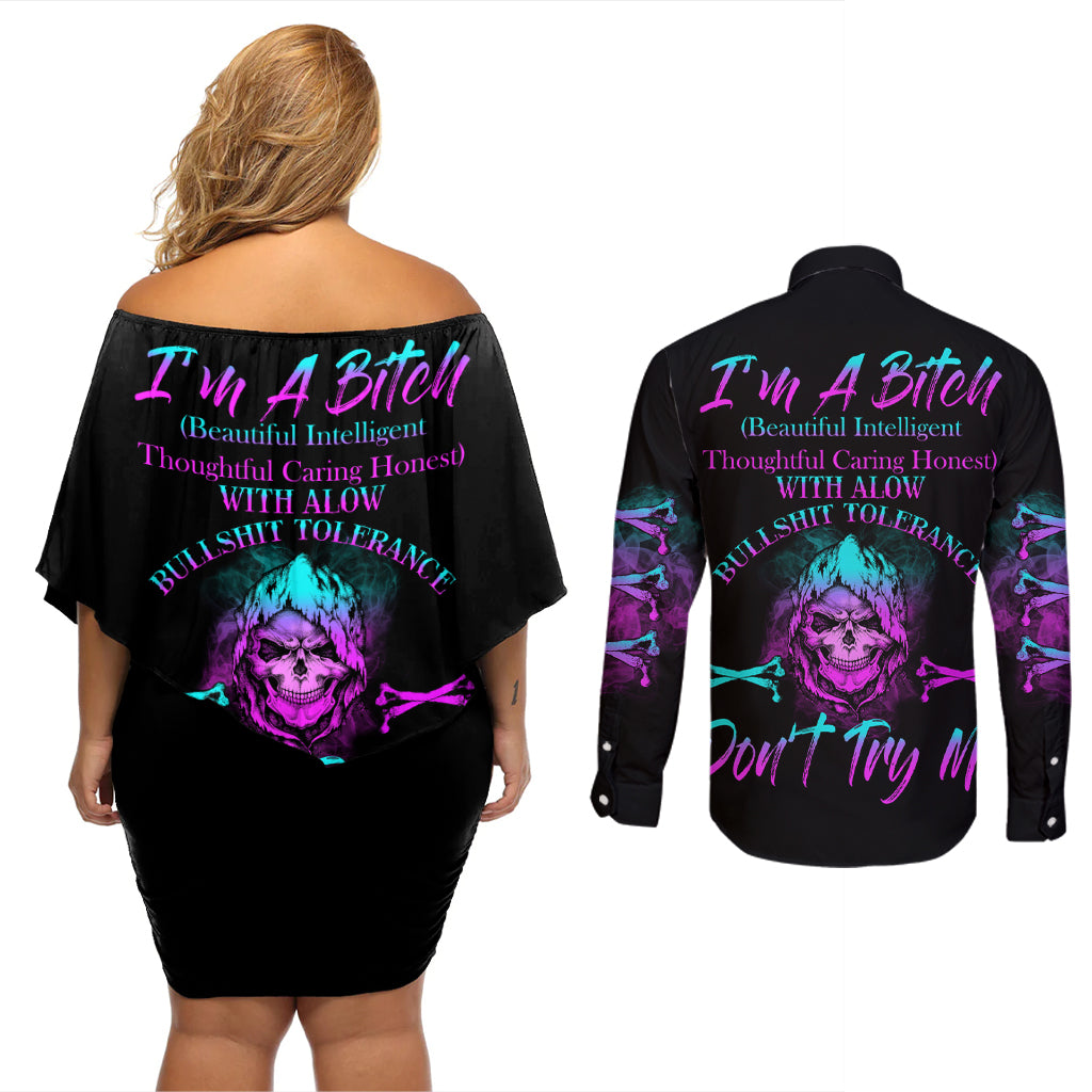 I'm A B Don't Try Me All Couples Matching Off Shoulder Short Dress and Long Sleeve Button Shirt - Wonder Print Shop