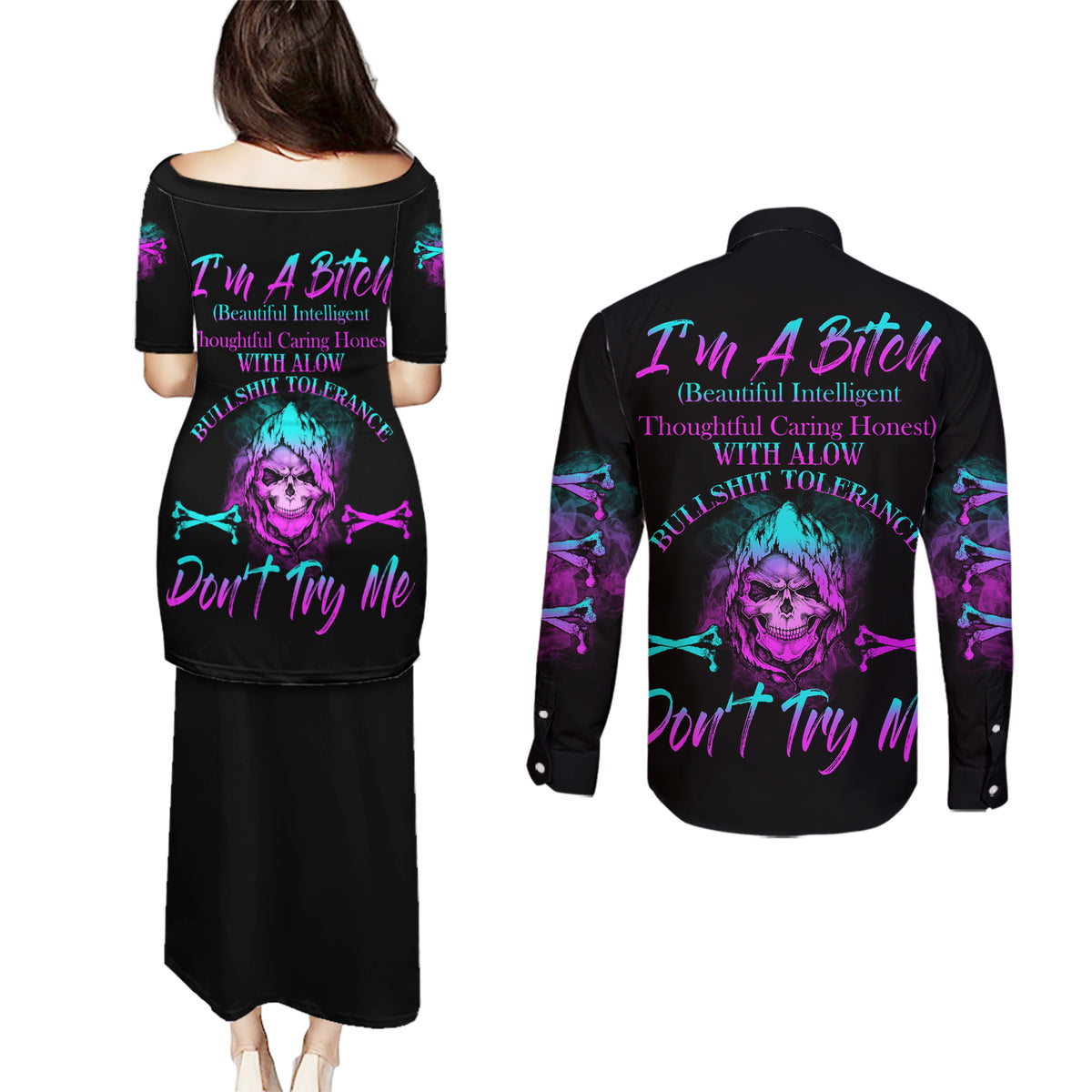 I'm A B Don't Try Me All Couples Matching Puletasi Dress and Long Sleeve Button Shirt - Wonder Print Shop