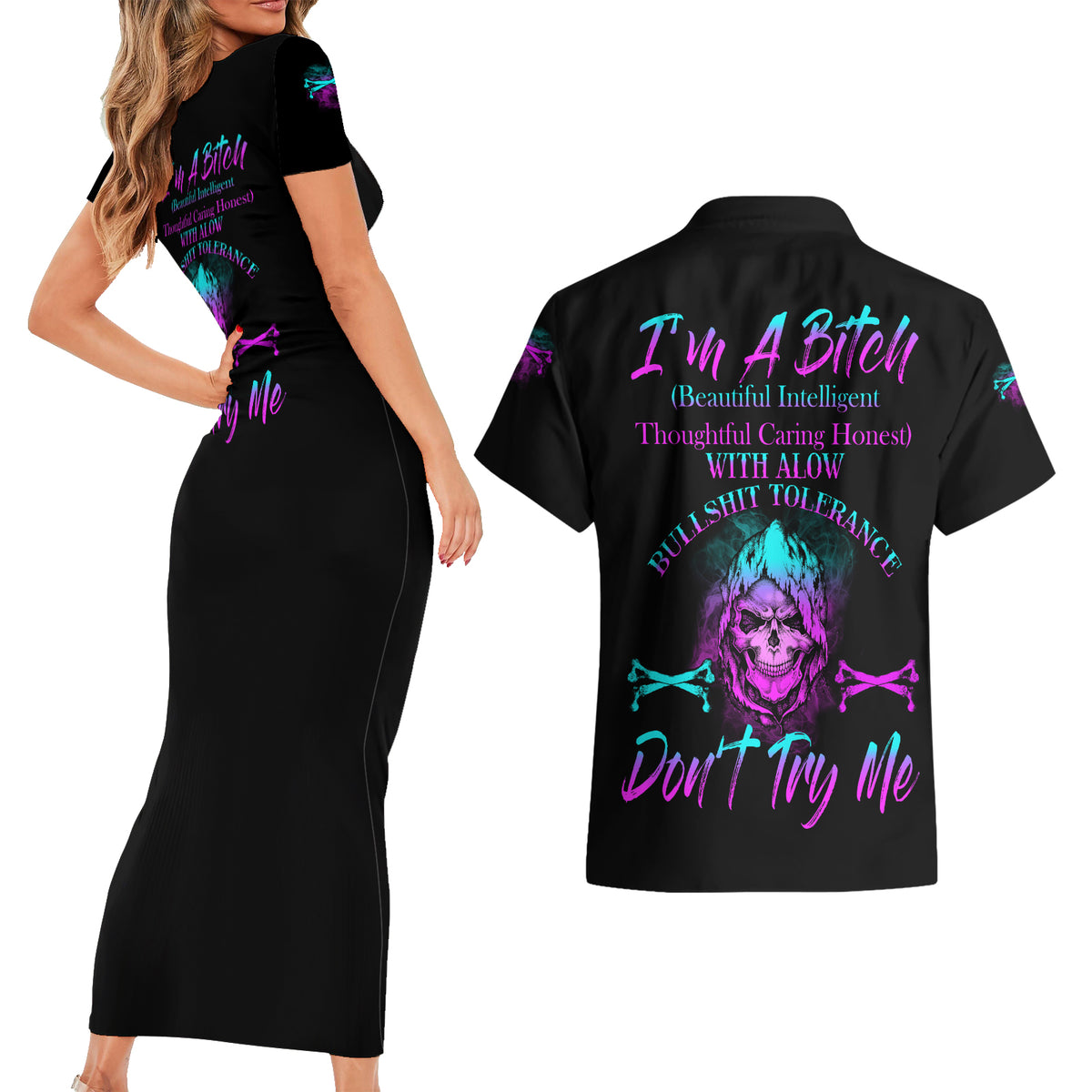 I'm A B Don't Try Me All Couples Matching Short Sleeve Bodycon Dress and Hawaiian Shirt - Wonder Print Shop