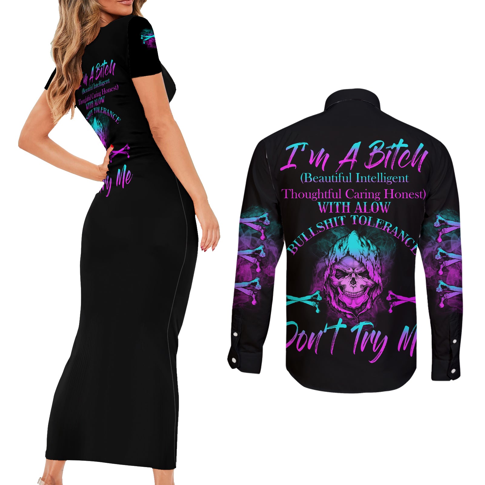 I'm A B Don't Try Me All Couples Matching Short Sleeve Bodycon Dress and Long Sleeve Button Shirt - Wonder Print Shop