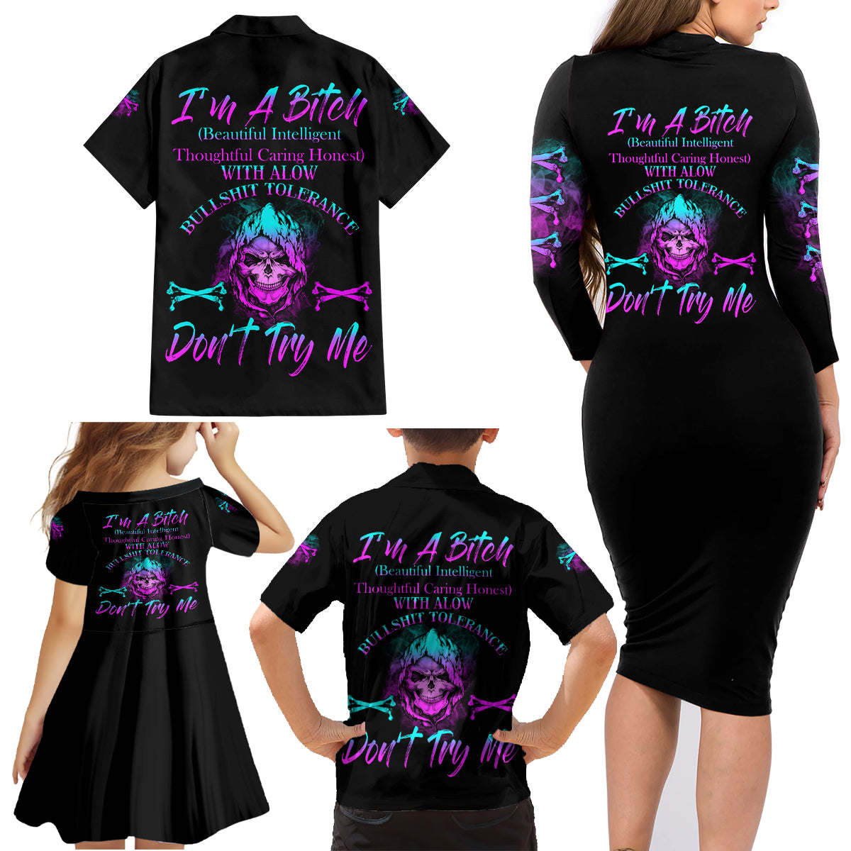 I'm A B Don't Try Me All Family Matching Long Sleeve Bodycon Dress and Hawaiian Shirt - Wonder Print Shop