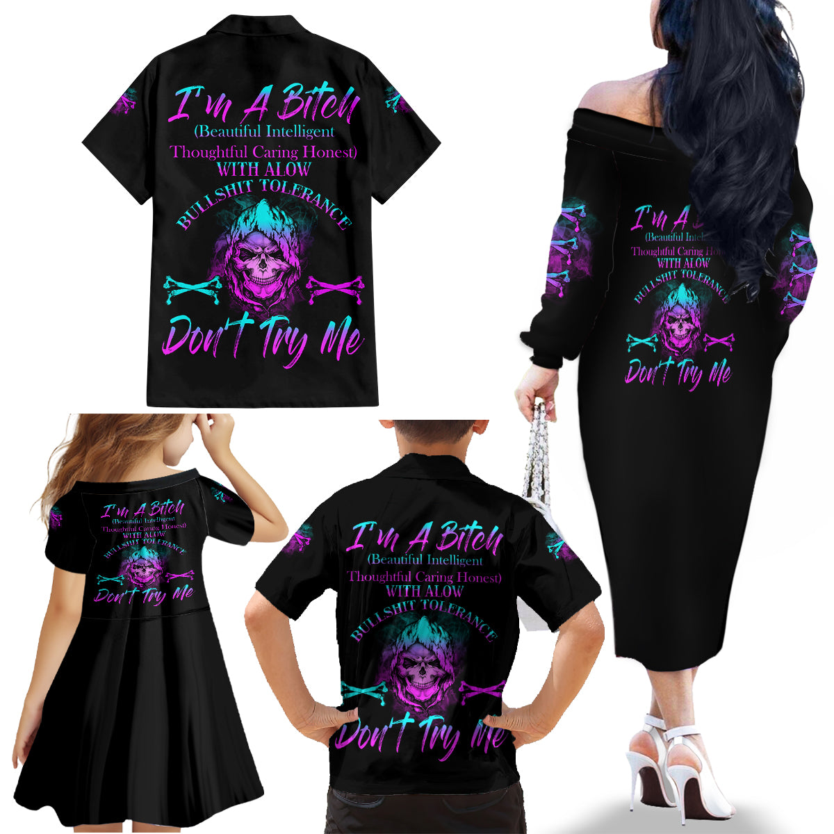 I'm A B Don't Try Me All Family Matching Off Shoulder Long Sleeve Dress and Hawaiian Shirt - Wonder Print Shop