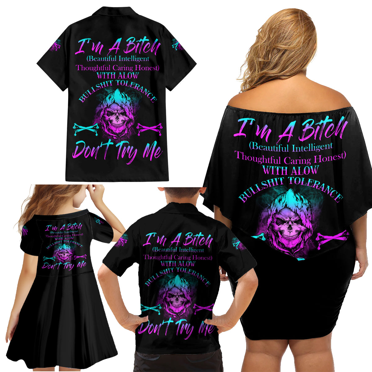 I'm A B Don't Try Me All Family Matching Off Shoulder Short Dress and Hawaiian Shirt - Wonder Print Shop