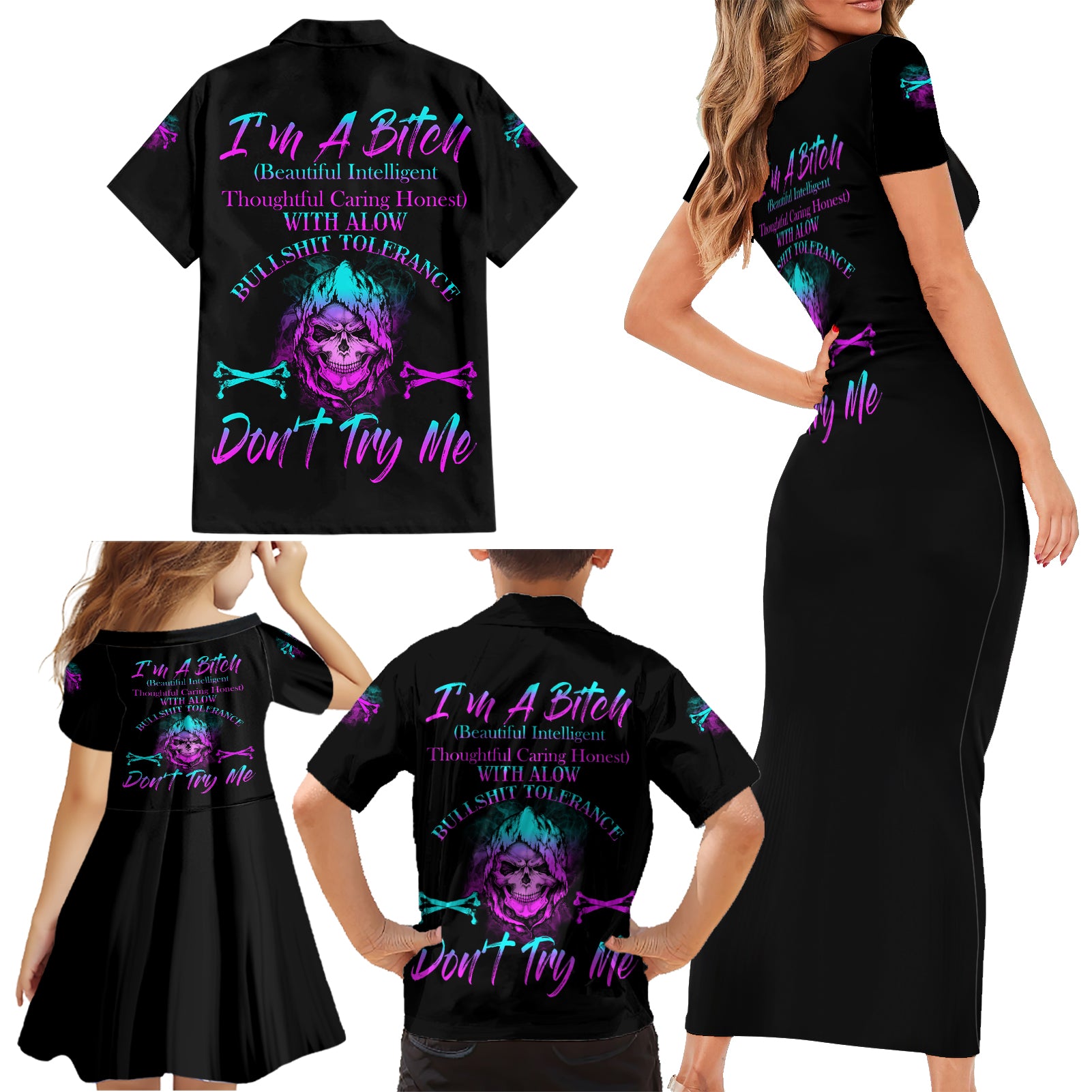 I'm A B Don't Try Me All Family Matching Short Sleeve Bodycon Dress and Hawaiian Shirt - Wonder Print Shop