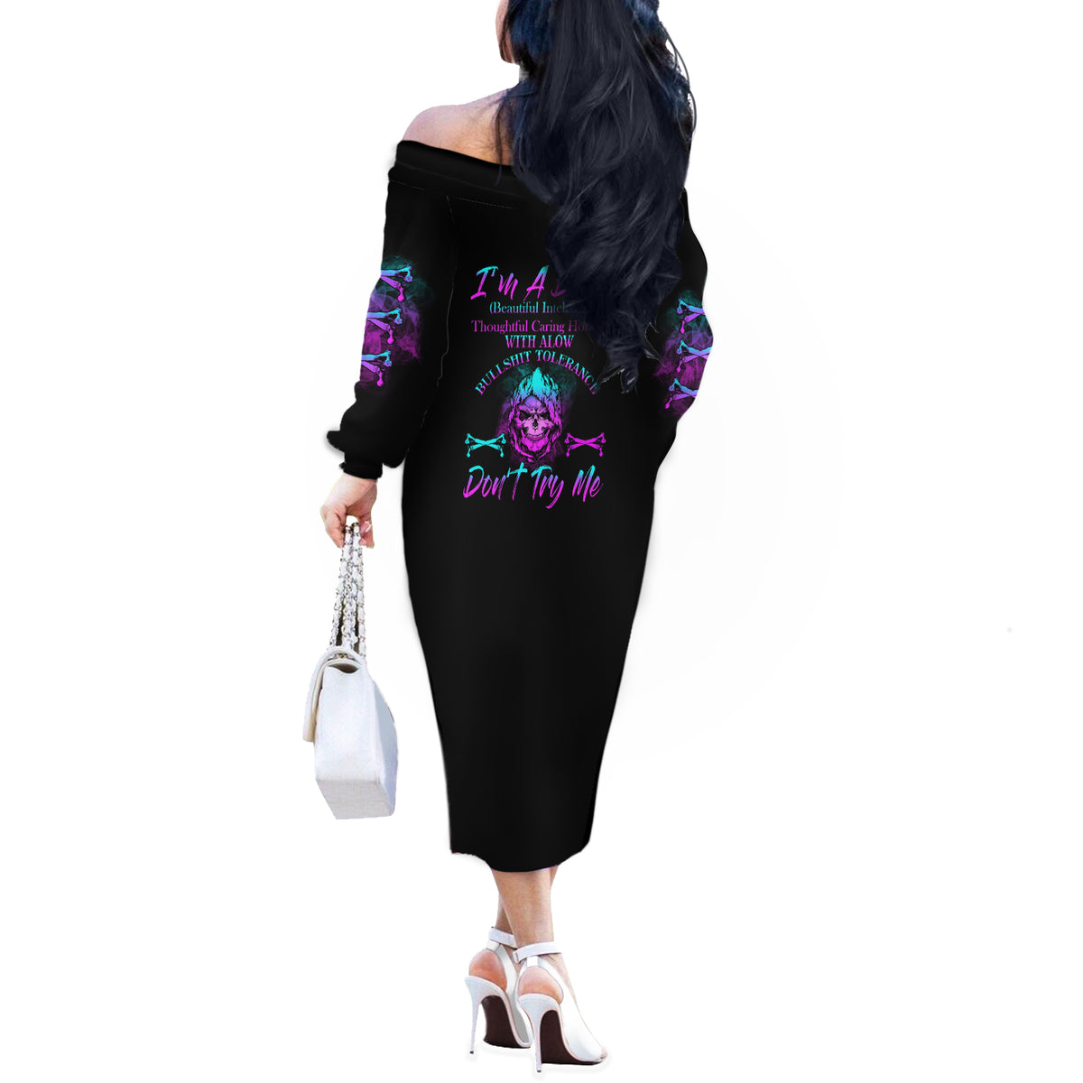 I'm A B Don't Try Me All Off The Shoulder Long Sleeve Dress - Wonder Print Shop