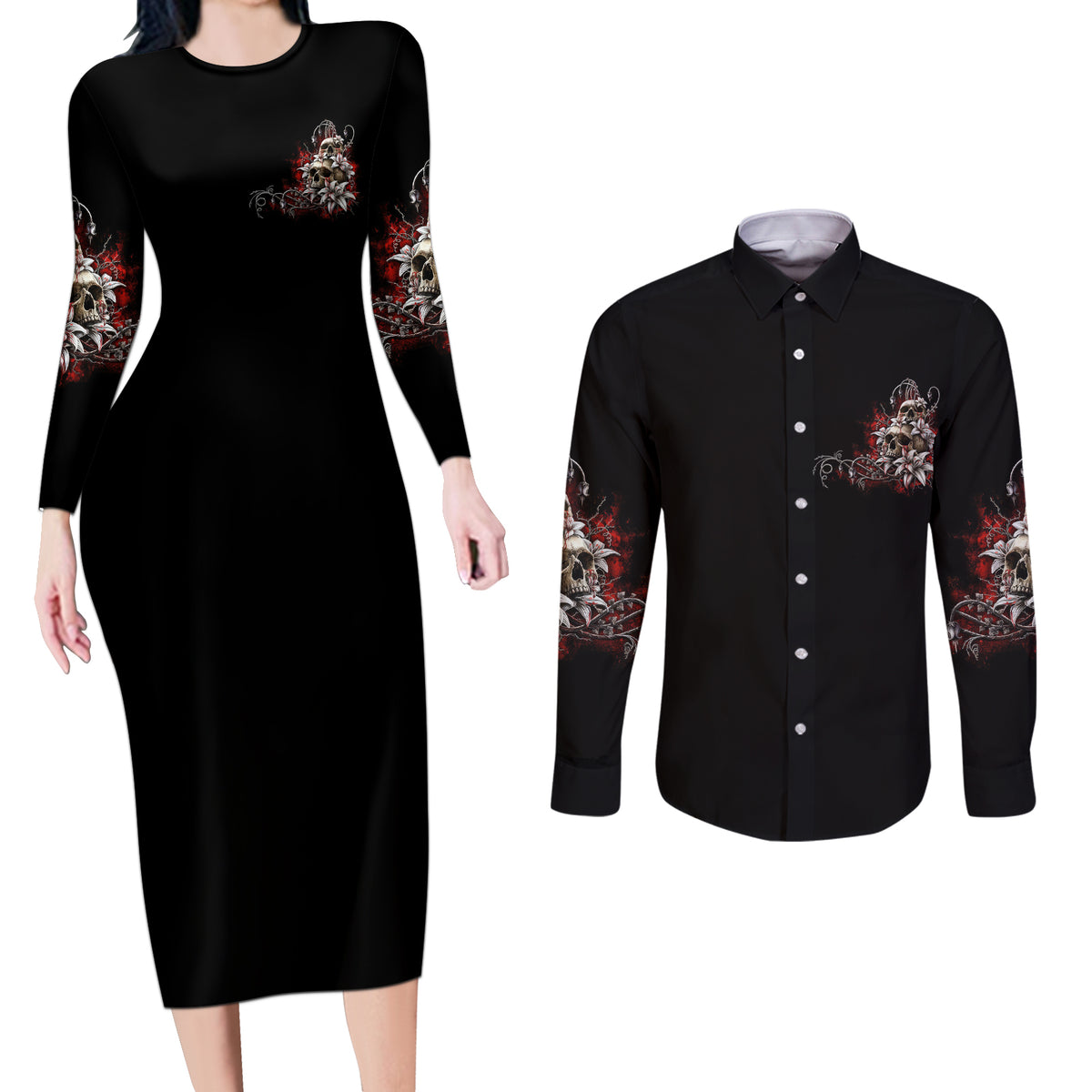 The Good Girl In Me Got Tired Skull Rose Couples Matching Long Sleeve Bodycon Dress and Long Sleeve Button Shirt - Wonder Print Shop