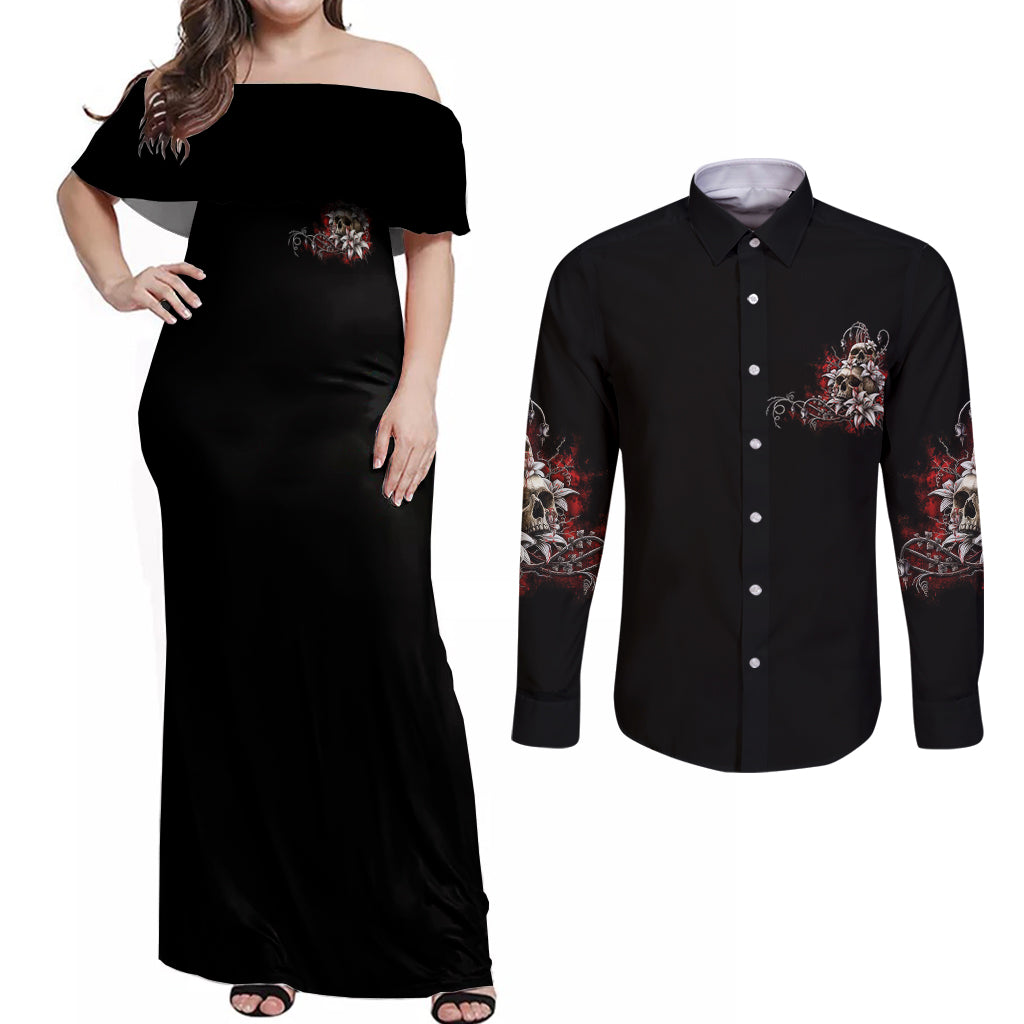 The Good Girl In Me Got Tired Skull Rose Couples Matching Off Shoulder Maxi Dress and Long Sleeve Button Shirt - Wonder Print Shop
