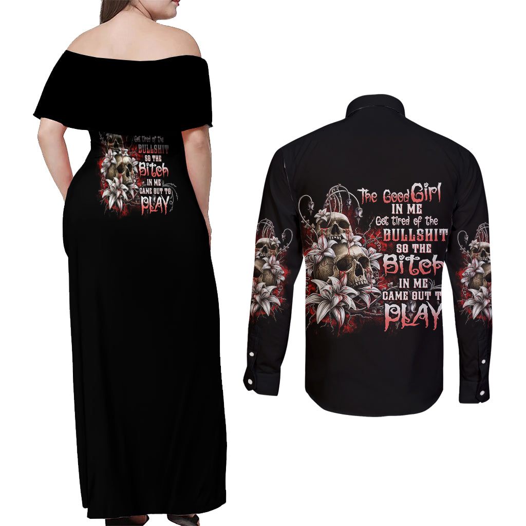 The Good Girl In Me Got Tired Skull Rose Couples Matching Off Shoulder Maxi Dress and Long Sleeve Button Shirt - Wonder Print Shop