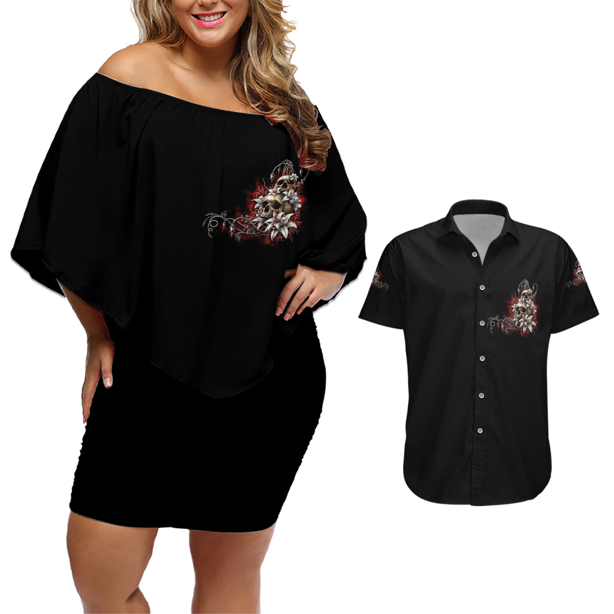 The Good Girl In Me Got Tired Skull Rose Couples Matching Off Shoulder Short Dress and Hawaiian Shirt - Wonder Print Shop