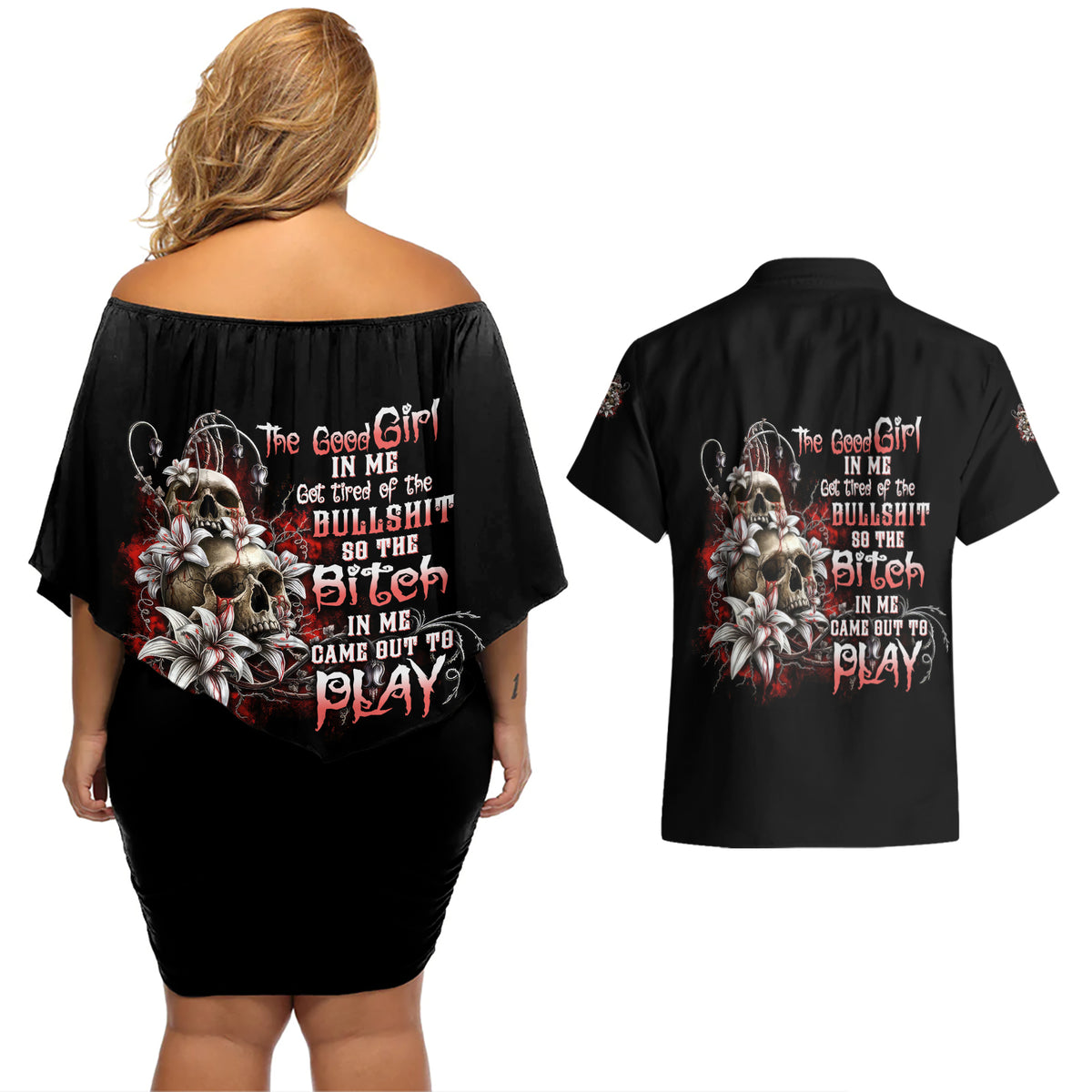 The Good Girl In Me Got Tired Skull Rose Couples Matching Off Shoulder Short Dress and Hawaiian Shirt - Wonder Print Shop