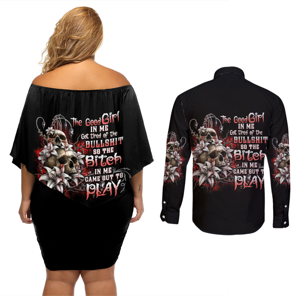 The Good Girl In Me Got Tired Skull Rose Couples Matching Off Shoulder Short Dress and Long Sleeve Button Shirt - Wonder Print Shop