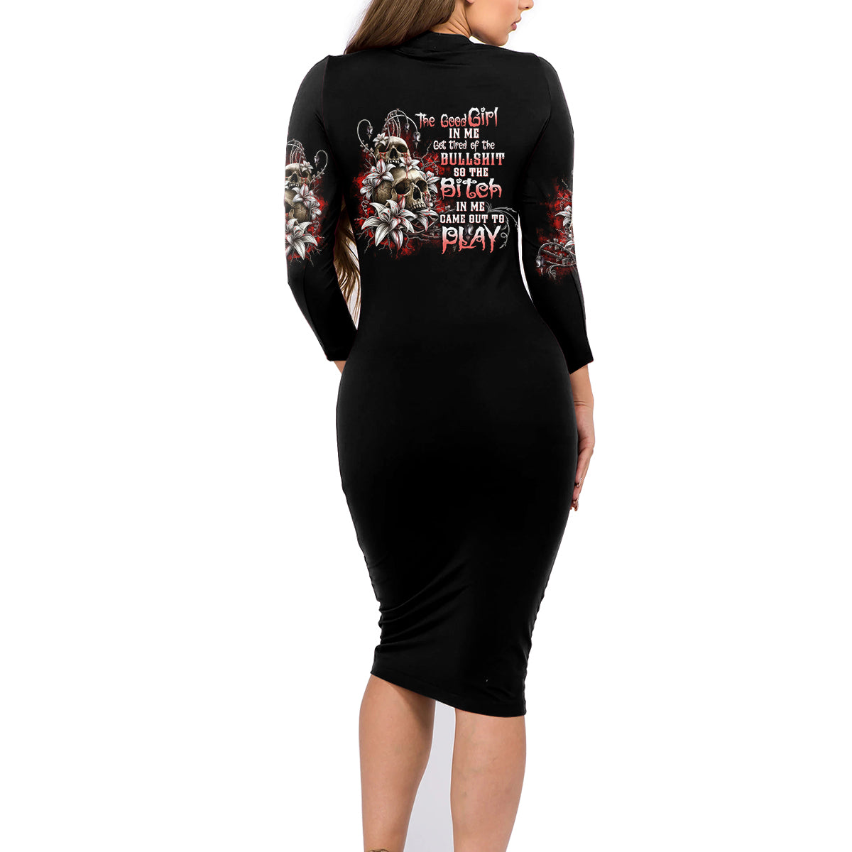 The Good Girl In Me Got Tired Skull Rose Family Matching Long Sleeve Bodycon Dress and Hawaiian Shirt - Wonder Print Shop