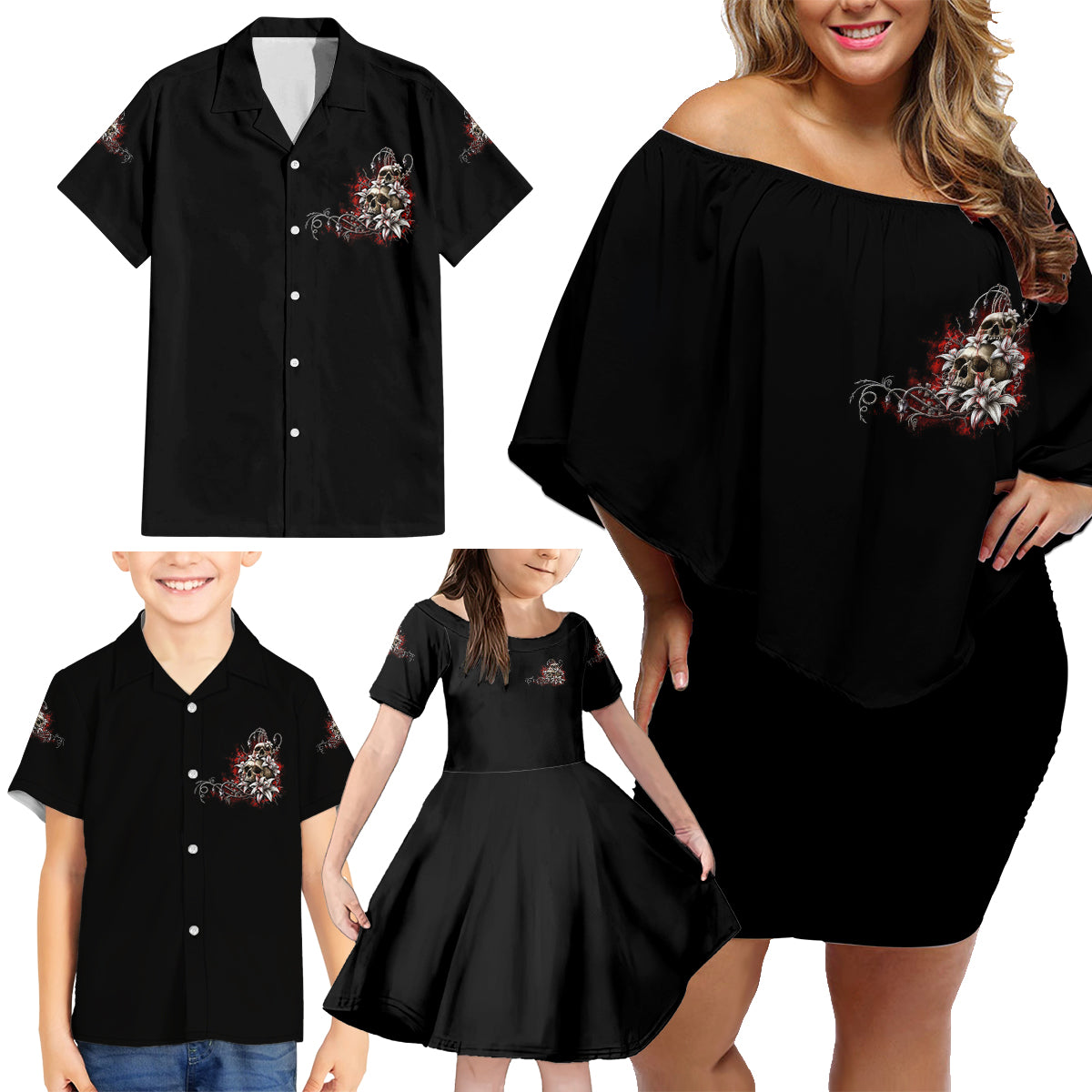 The Good Girl In Me Got Tired Skull Rose Family Matching Off Shoulder Short Dress and Hawaiian Shirt - Wonder Print Shop