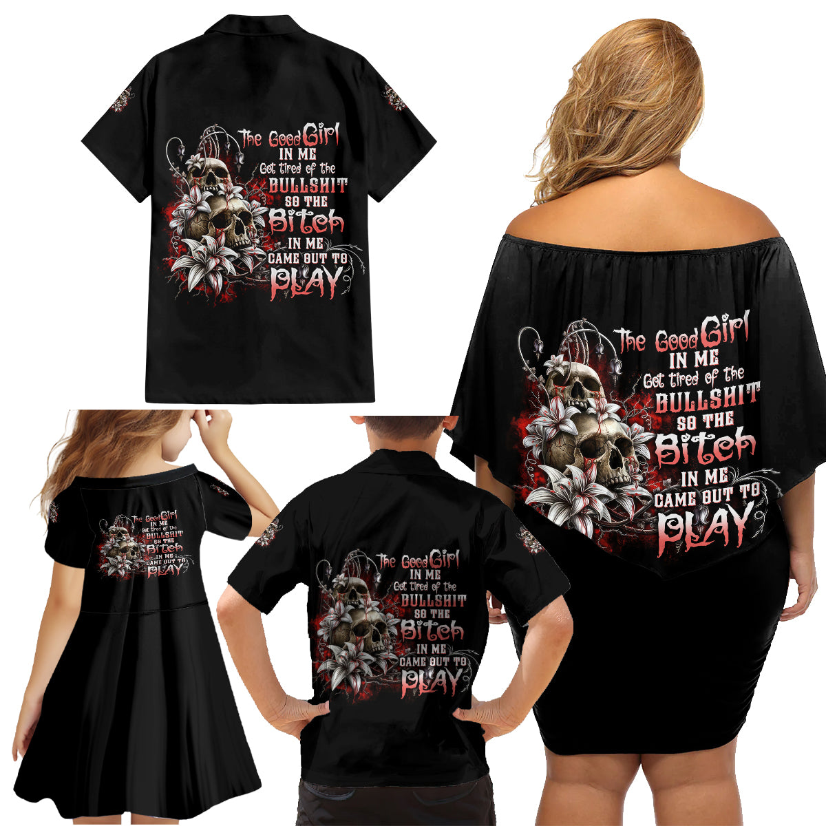 The Good Girl In Me Got Tired Skull Rose Family Matching Off Shoulder Short Dress and Hawaiian Shirt - Wonder Print Shop