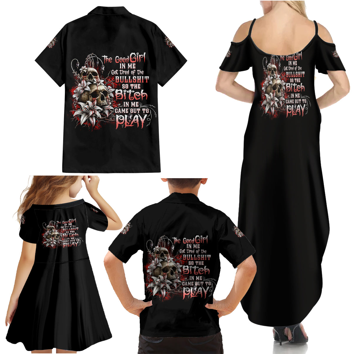 The Good Girl In Me Got Tired Skull Rose Family Matching Summer Maxi Dress and Hawaiian Shirt - Wonder Print Shop