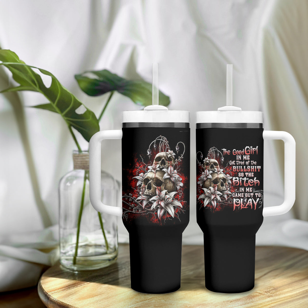 The Good Girl In Me Got Tired Skull Rose Tumbler With Handle - Wonder Print Shop