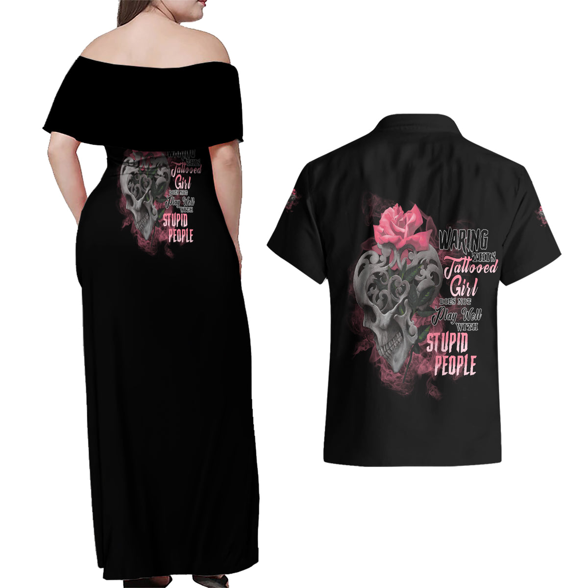 Warning This Tattooed Girl Couples Matching Off Shoulder Maxi Dress and Hawaiian Shirt - Wonder Print Shop