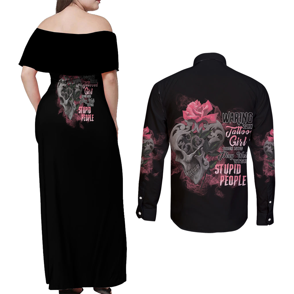 Warning This Tattooed Girl Couples Matching Off Shoulder Maxi Dress and Long Sleeve Button Shirt - Wonder Print Shop