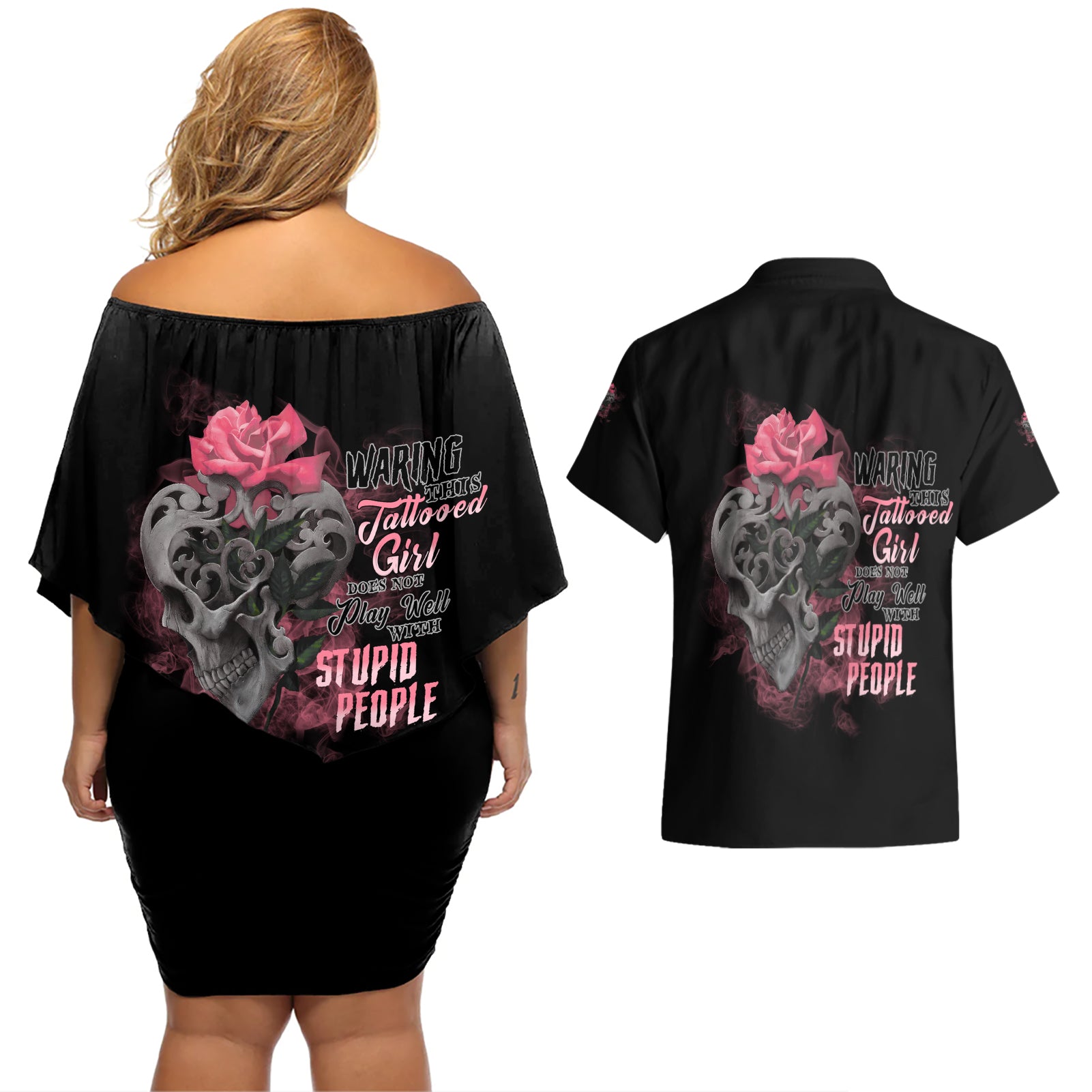 Warning This Tattooed Girl Couples Matching Off Shoulder Short Dress and Hawaiian Shirt - Wonder Print Shop
