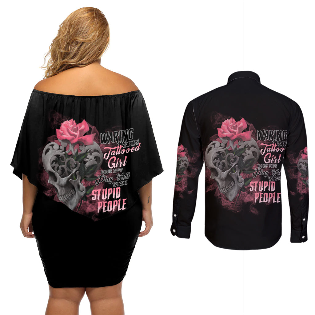 Warning This Tattooed Girl Couples Matching Off Shoulder Short Dress and Long Sleeve Button Shirt - Wonder Print Shop