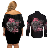Warning This Tattooed Girl Couples Matching Off Shoulder Short Dress and Long Sleeve Button Shirt - Wonder Print Shop