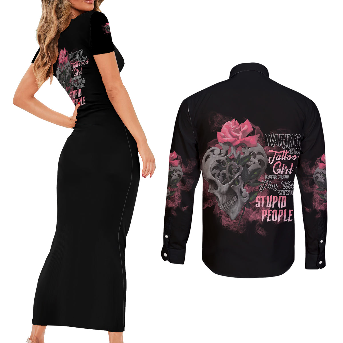Warning This Tattooed Girl Couples Matching Short Sleeve Bodycon Dress and Long Sleeve Button Shirt - Wonder Print Shop