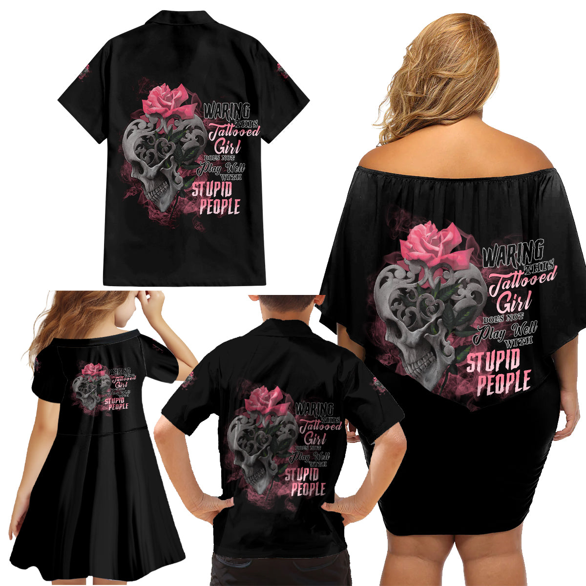 Warning This Tattooed Girl Family Matching Off Shoulder Short Dress and Hawaiian Shirt - Wonder Print Shop