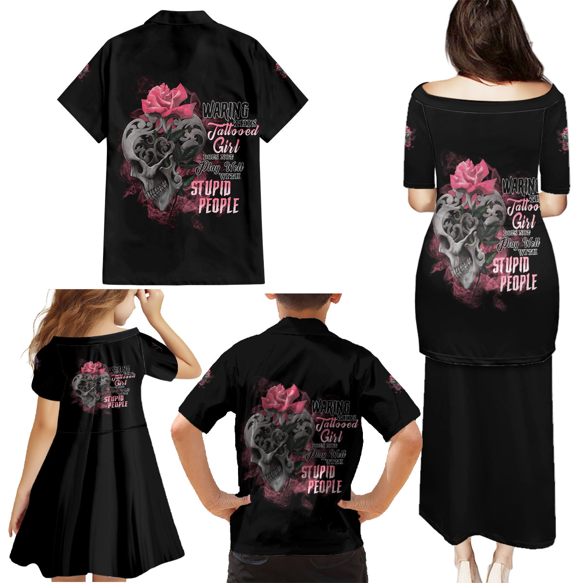 Warning This Tattooed Girl Family Matching Puletasi Dress and Hawaiian Shirt - Wonder Print Shop