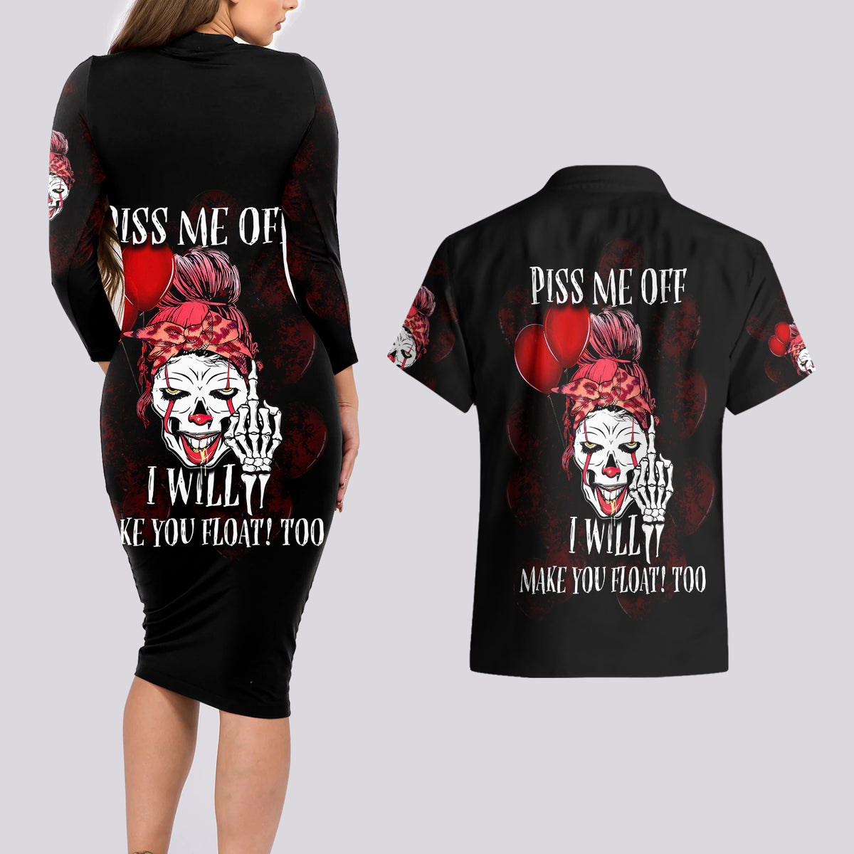 Piss Me Off I Will Couples Matching Long Sleeve Bodycon Dress and Hawaiian Shirt - Wonder Print Shop